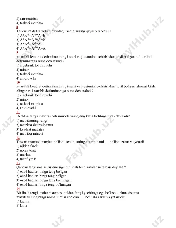 i- mavhum birlik 4) i-haqiqiy birlik 22 a+bi va c+di kompleks sonlarning ko'paytmasini aniqlang. 1) (ac-bd)+(ad+bc)i 2) (ac+bd)+(ad+bc)i 3) (ac-bd)+(ad-bc)i 4) (ac+bd)+(ad-bc)i 23 dagi r a+bi kompleks sonning nimasi deb ataladi? 1) moduli 2) argumenti 3) haqiqiy qismi 4) mavhum qismi 24 dagi a+bi kompleks sonning nimasi deb ataladi? 1) moduli 2) argumenti 3) haqiqiy qismi 4) mavhum qismi 25 a+bi kompleks sonning moduli qanday topiladi? 1) 2) 3) 4) 26 a+bi kompleks sonning argumenti qanday topiladi? 1) 2) 3) 4) 27     = += a b arctg bar  22     = += a b arctg bar  22  22 bar += 22 bar += 22 bar −= 22 bar −= a b arctg= b a arctg= b a arcsin= a+bi kompleks sonning trigonometrik shaklini aniqlang. 1) a+bi=r(cosφ+isinφ) 2) a+bi=r(cosφ-isinφ) 3) a+bi=r(sinφ+icosφ) 4) a+bi=r(sinφ-icosφ) 28 kompleks sonlar uchun eyler formulasini aniqlang. 1) …