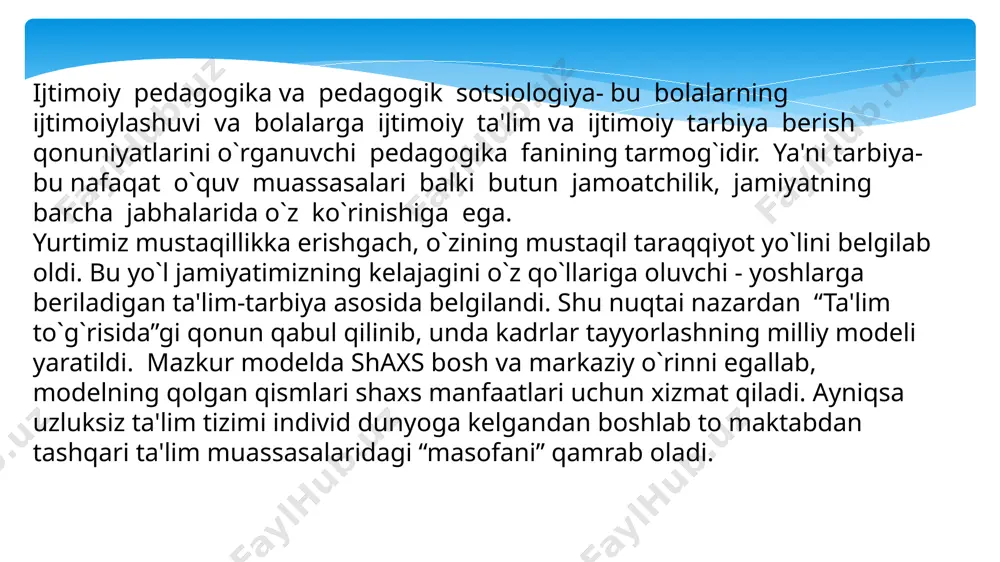 anada kengaytirish; 4) nogiron bolalarni uyda o’qitadigan pedagoglarning ishini rag’batlantirish. bugungi kunda ta’lim davlat siyosatining eng ustuvor yo’nalishiga aylandi. davlat byudjetidan ta’limga ajratilgan mablag’lar byudjet xarajatlar qismining 33,7 foizi darajasida rejalashtirilib ta’lim sohasiga yo’naltirilayotgan xarajatlar hajmi mamlakatimiz yaim tarkibida 10–12 foizni tashkil etadi. holbuki, jahon tajribasida bu ko’rsatkich 3-5 foizdan oshmaydi. qariyb 9,5 ming yoki mamlakatimizda faoliyat ko’rsatayotgan maktablarning deyarli barchasida qurilish, kapital rekonstruksiya va ta’mirlash ishlari amalga oshirildi. o’quv maskanlarining zamonaviy o’quv laboratoriya, mebel jihozlari bilan ta’minlangani ta’lim sifati va mazmuniga yuksak e’tibor qaratilmoqda. /docprops/thumbnail.jpeg