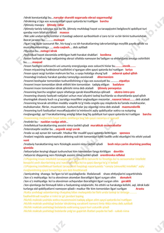 or /amalga oshmaydigan xayol turi qanday nom bilan ataladi fantastika /an`anaviy jihatdan olganda bolaning maktabga tayyorgarligi qaysi aspektlarda ko‘riladi /aniq faoliyat turlariga koʻra psixologiya sohalari qaysi qatorda koʻrsatilgan muhandislik, mehnat, pedagogic psixologiya, aviatsiya /asalari va chumolilarning murakkab xatti- harakatlarini nima deb atash mumkin instinkt /assotsiatsiyalar nechta turga ajratiladi yondosh oxshash qarama qarshi /avval ongli bajarib, keyinchalik avtomatlashgan xatti-harakatlarga malaka…… aytiladi /ayrim narsalar oʻrtasida murakkab munosabatlarning aks ettirilishi bu………intelektual bosqich…… /b.g.ananev taklif etgan tasnifga ko‘ra yosh psixologiyasi sohasidagi tadqiqotlarda keng qo‘llanuvchi suhbat, so‘rov, test kabi metodlar qanday metodlar guruhiga kiradi /berilgan axborotni qabul qiluvchi inson ……… ressipent /bilimlarni o‘zlashtirish nima /biogenetik nazariyaning mazmuni qaysi qatorda koʻrsatilgan taraqqiyotni bosh maqsadi /biogenetik qonun qaysi olimlar tomonidan kashf qilingan myuller gekkel /bir turkim ichidagi narsalarning bir-biriga oʻxshashligiga va boshqa turkumlardagi narsalardan farq qilishiga qarab narsalarni turkumlarga ajratish tizimi ...klassifikatsiya..........deb ataladi /bir vaqtda qarama-qarshi hissiyotlarning namoyon boʻlishi bu......atbovalent.... /bir xil obrazlarni qaytarilishi boʻlib har bir …