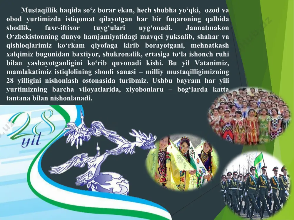 , mashaqqatli va bunyodkorona mehnati evaziga jahon xaritasida yangi, o‘z kuchi va salohiyatiga tayangan, bugun taraqqiyot yo‘lidan barqaror sur’atlar bilan rivojlanib borayotgan mustaqil, suveren o‘zbekiston davlatining paydo bo‘lishi, hech shubhasiz, xalqimizning tarixiy g‘alabasidir. istiqlol tufayli o‘zligimizni angladik, ozod xalq, mustaqil davlat sifatida o‘zbekistonning bor bo‘y-bastini, ulkan salohiyatini butun dunyoga namoyon qilish imkoni ochildi. ozodlik bois bizni jahon tanidi, xalqimizning fidokorona mehnati, yoshlarimizning g‘ayrati, azmu shijoati ila vatanimizning shon-shuhrati olam uzra yanada kengroq yoyilmoqda. hurriyat bergan beqiyos imkoniyatlar negizida ertangi kunimiz - erkin va farovon kelajagimizni o‘z qo‘limiz bilan bunyod etmoqdamiz. e’tiboringiz uchun rahmat! t.me/bizning_kutubxona