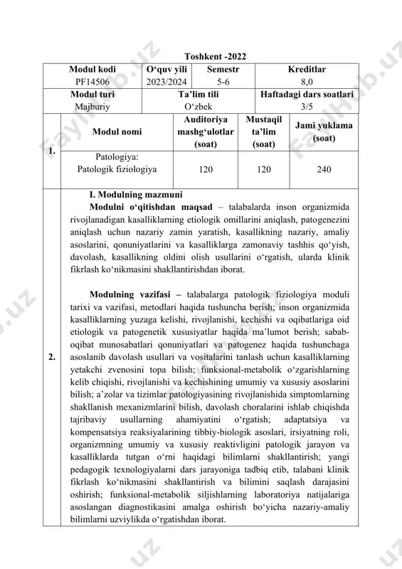 arining tibbiy-biologik asoslari, irsiyatning roli, organizmning umumiy va xususiy reaktivligini patologik jarayon va kasalliklarda tutgan o‘rni haqidagi bilimlarni shakllantirish; yangi pedagogik texnologiyalarni dars jarayoniga tadbiq etib, talabani klinik fikrlash ko‘nikmasini shakllantirish va bilimini saqlash darajasini oshirish; funksional-metabolik siljishlarning laboratoriya natijalariga asoslangan diagnostikasini amalga oshirish bo‘yicha nazariy-amaliy bilimlarni uzviylikda o‘rgatishdan iborat. ii. asosiy nazariy qism ii.i. modul tarkibiga quyidagi mavzular kiradi: 5- semestr: 1-mavzu. patologik fiziologiya moduliga kirish. umumiy nozologiya. patologik fiziologiya moduli haqida tushuncha, uning vazifalari, rivojlanishning tarixiy bosqichlari. umumiy nozologiya tushunchasi. patologik reaksiya, patologik jarayon, patologik holat, tipik patologik jarayonlar, kasallik tushunchalari. kasallik davrlari. etiologiya haqida tushuncha. kasallikning rivojlanishida sabab va sharoitlarning ahamiyati, ichki va tashqi omillarning kasallikning yuzaga kelishida bir-biri bilan dialektik bog‘liqligi. kasallikni tasniflash prinsiplari. patogenez – kasallikning rivojlanish qonuniyatlari, etiologik omilning o‘ziga xosligi bilan tavsiflanishi va kasalliklar va patologik jarayonlar rivojlanishi qonuniyatlari. kasallik patogenezida funksional va strukturaviy o‘zgarishlar birligi. patogenezda sabab-oqibat munosabatlari, birlamchi va ikkilamchi shikastlanish. …