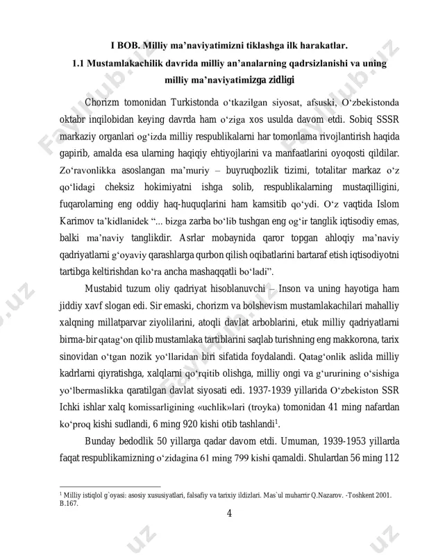 zning o‘zidagina 61 ming 799 kishi qamaldi. shulardan 56 ming 112 1 milliy istiqlol g`oyasi: asosiy xususiyatlari, falsafiy va tarixiy ildizlari. mas`ul muharrir q.nazarov. -toshkent 2001. b.167. 5 kishi turli muddat bilan ozodlikdan maxrum etishga hukm qilindi. 13 ming kishi esa otib tashlandi. “insoniy qadr-qimmati toptalangan, hayoti poymol etilgan bu odamlar orasida nafaqat arbob va ziyolilar, balki yuzlab oddiy insonlar, yurtimizda istiqomat qilgan deyarli barcha millat va elatlarning vakillari boredi. shu davrda-deb yozadi i.karimov, - qancha qancha odamlarning o‘z oilasidan judo bo‘lgani, ayollar bevalikka, go‘daqlar etimlikka mahkum etilganini, minglab mirishkor dehqonlarning quloq sifatida olis o‘lkalarga surgun qilinganini inobatga olsak, xalqimiz boshiga tushgan bu fojeaning dahshati yanada yaqqol namoyon bo‘ladi”. ma’lumki, shaxsga sig‘inish va turg‘unlik yillarida iqtisodiyotning ijtimoiy yo‘nalishi juda zaiflashib ketdi. jamiyatning g‘oyat muhim tamoyili – mehnatga yarasha taqsimlash tamoyillari buzilaboshladi. ba’zan yuqori martabali shaxslar faoliyatida yuz bergan salbiy hodisalar mehnatkash insonning dilini qattiq ranjitib, hafsalasini pir qildi, qadr qimmati …