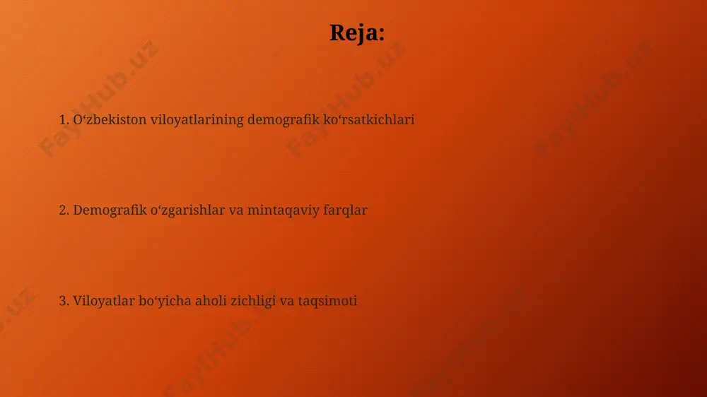 ar tashqarisida yashaydi, bu esa toshkent viloyatining 50% dan yuqori ko'rsatkichini namoyon etadi. andijon viloyati, o'rtacha zichligi 300 kishi/km² bo'lgan zich aholi punktlaridan biri hisoblanadi, bu esa samarqand viloyatining 150 kishi/km² zichligidan ikki barobar yuqori. e'tiboringiz uchun rahmat @taqdimot_robot image3.png image4.jpg image5.jpg image6.jpg image7.jpg image8.jpg image1.png