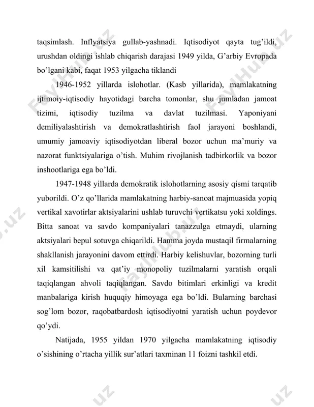 y, xavfsizlik va boshqa ko’plab sohalarda chuqurroq chuqurlashtiriladi. globallashuv va o’zaro bog’liqlik, bir tomondan, odamlarning yashash standarti, boshqa tomondan, milliy chegaralarni tanimaydigan raqobatning ko’payishi. ushbu jarayonni qanday qilib insoniyatning foydasi va farovonligi uchun to’lash kerakligini aniqlash juda muhimdir. yaponiya globallashuv jarayonini mohirona ishlatgan. 1985 yildan beri yenning o’sishi tufayli yaponiya o’z mahsulotini osiyo va boshqa davlatlarga tarjima qila boshladi. shunday qilib, janubi-sharqiy osiyo mamlakatlarining iqtisodiy rivojlanishiga ko’maklashish, yaponiya o’zining ichki iqtisodiyoti samaradorligini oshirishi mumkin edi. yaponiya keraksiz ma’muriy standartlar va cheklovlarni rad etadi va turli xil islohotlarni o’tkazadi. shunday qilib, u “ajoyib musobaqada” omon qolishga tayyorlanmoqda. hozirgi va miqdoriy jihatdan global muammolarga bag’ishlangan. 2000 yilda yaponiya sanoat korxonalari chet elda o’z mahsulotlarining 14 foizini ishlab chiqardilar. 2001 yilda yig’ilgan yapon sarmoylari tomonidan yig’ilgan miqdor 1,2 trillion dollarni tashkil etdi va ular har yili 54 milliard dollarga teng daromad (foyda, foiz va dividendlar) olib keladi. xorijiy kapital tokio fond birjasida barcha …