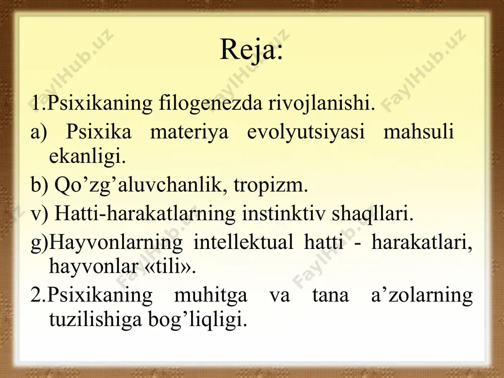 ologik jarayonlar bilan bog’liq psixik jarayonlar haqida ancha muhim ma’lumotlar bor. uning «odob haqida» risolasi ham inson shaxsini shaqllantirish to’g’risidagi jiddiy asardir. yusuf xos xojibning «qutadg’u bilig» asaridagi bosh masalalardan biri komil insonni tarbiyalashdir. abdurahmon jomiyning «bahoriston», «xiradnomai iskandariy», «tuhfatul ahror», «silsilatuz zaxob» va boshqa asarlarida ilm-ma’rifat, ta’lim-tarbiya, kasb-hunar o’rganish, yaxshi xislatlar va odoblilik haqidagi fikrlar ifodalangan. devoniy o’zining «axloqi jaloliy» nomli asarida insoniy fazilatlarni to’rtga bo’ladi va bular donolik, adolat, shijoat va iffatdir. alisher navoiyning «xazoinul maoniy, «maxbubul qulub» va boshqa asarlarida yetuk, barkamol insonning axloqi, ma’naviyati, odamlarga munosabati, iste’dodi va qobiliyati to’g’risida qimmatli mulohazalar yuritilgan. ana shu psixologik kategoriyalar ijtimoiy adolat qaror topishi uchun muhim ahamiyatga ega ekani ta’kidlangan. shuningdek, navoiy asarlarida shaxsning kamol topishida ota-onaning roli, ayollarning iffatliligi, insonlarning kamtarligi masalalari alohida o’rin egallaydi. rossiyada psixologik qarashlar namunalari. sharq va /arb madaniyati ta’sirida inson ruhiyati bilan bog’liq qator og’zaki va yozma, amaliy va ilmiy asarlarda paydo bo’la …