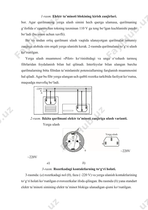 a’zi bir saqlaydig an qurilmalar o‘rnatilgan bo‘ladi. ba’zi bir yuqori sinf kompyuterlarining elektr ta’minoti blokida yuqori kuchlanishdan va ortiq darajadagi tokdan himoyalash hamda tarmoqning ichiga kiruvchi halal darajasini pasaytirish uchun oddiy filtrning mavjud bo‘lishi ko‘zda tutilgan. elektr energiyasini berishda quyida keltirilgan uzilishlar bo‘lganda ham elektr ta’minoti bloki ishchi holatda qolishi va tizimni elektr energiyasi bilan ta’minlashni davom ettirishi kerak: · ikki sekund ichida kuchlanish 80 v gacha kamaydi; – yarim sekund ichida kuchlanish 70 v gacha kamaydi; – bir sekund ichida kuchlanish 143 v gacha oshdi. ko‘pchilik yuqori sifatli elektr ta’minoti bloki (yoki ulangan tizimlar) quyidagi vaziyatlarda jismoniy buzilmaydi: · energiyani uzatishda tanaffus; – kuchlanishning har qanday pasayishi; – kuchlanishning 2 500 v gacha sakrashi. elektr energiyasidagi uzilishlar vaqtida kompyuterni avtomatik tarzda o‘chirish funksiyasi ko‘pchilik yuqori sifatli elektr ta’minoti blokining ichiga joylashtirilgan. elektr ta’minoti tarmog‘ini himoya qiluvchi ba’zi bir qurilmalar bilan tanishib chiqamiz. sakrashlarni cheklovchi qurilmalar. elektr ta’minot blokining kirish …