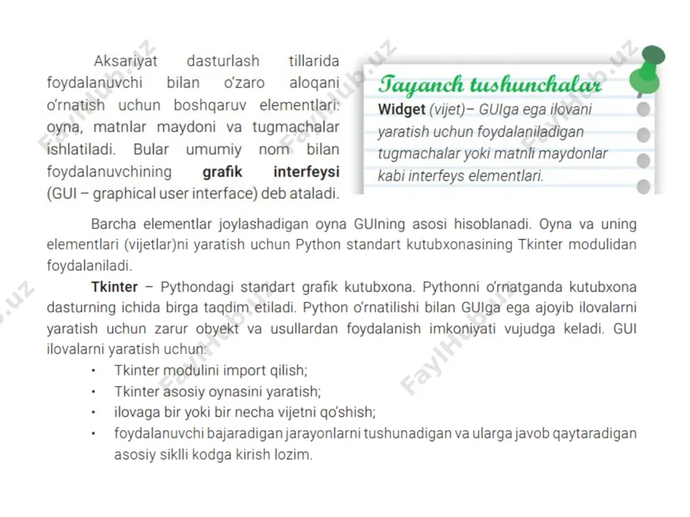 aydi: agar oʻzgaruvchi maʼlum sabablarga koʻra oʻzgarsa, u bogʻlangan vidjet yangi qiymatni koʻrsatish uchun yangilanadi. ushbu tkinter boshqaruv oʻzgaruvchilari qiymatlarni saqlashda ishlatiladigan odatiy python oʻzgaruvchilari bilan bir xil. odatiy python oʻzgaruvchisini vidjetga variable yoki textvariable parametrlari orqali uzatib boʻlmaydi. bunday vazifani faqatgina variable nomli sinfdan kelib chiqqan oʻzgaruvchilar bajaroladi. x = stringvar() – satrni oʻzida saqlaydi, boshlangʻich qiymat "" x = intvar() – butun sonni oʻzida saqlaydi; boshlangʻich qiymati 0 x = doublevar() – kasr sonlarni oʻzida saqlaydi; boshlangʻich qiymati 0.0 x = booleanvar() – mantiqiy qiymatlarni oʻzida saqlaydi, 0 yoki false va 1 yoki true qaytaradi. r a d i o t u g m a l a r radio tugma deyilishiga sabab bunday tugmalarning shakli radioning buragichlariga oʻxshaganligida. radio tugma – baʼzan tanlovli tugma deb ataladi. u tkinterʼning foydalanuvchi grafik interfeysi elementi hisoblanib, u foydalanuvhiga oldindan belgilangan variantlardan birini tanlashga imkon beradi. radio tugmalar matn yoki rasmlarni oʻz …