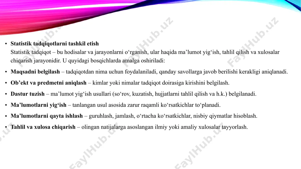 a mehnat, aholi bandligi statistikasi; ijtimoiy statistika — aholi turmush tarzini tavsiflaydigan koʻrsatkichlar tizimini va ijtimoiy hayotning turli masalalarini oʻrganadi va hokazo. ularning asosiy vazifasi xalq xoʻjaligi tarmoqlaridagi, jamiyat hayotining ayrim sohalaridagi ijtimoiy-iqtisodiy jarayonlarni tavsiflaydigan koʻrsatkichlar tizimini oʻrganish va ishonchli, ilmiy asoslangan maʼlumotlarni aks ettirishdan iborat. bu vazifalarni bajarish uchun statistika fanida yalpi statistik kuzatish, hodisalarning oʻziga xos tomonlari, xususiyatlari va ular oʻrtasidagi aloqalarni aks ettiradigan koʻrsatkichlar tizimlari, statistik guruhlash natijalari boʻlgan yigʻma va kombinatsiyalashgan jadvallar kabi vositausullar ishlab chiqilgan va amaliyotda qoʻllanadi. statistikada oʻrtacha miqdorlar va indekslar kabi umumlashtiruvchi tavsiflar muhim rol oʻynaydi. statistika usullari qoʻllanadigan bir qator sohalar va shunga mos holda tibbiyot, sud, geologiya, sport va boshqa statistika tarmoqlari bor. matematika va statistik tadqiqotlarning tutash joyida paydo boʻlgan matematik statistika. statistika fanining alohida boʻlimini tashkil etadi. matematik statistika statistik tadqiqotlarda statistik maʼlumotlarni toʻplash, ularni tizimga solish, ishlash hamda ulardan ilmiy va amaliy xulosalar chiqarish usullarini oʻrganadi. toshkent …