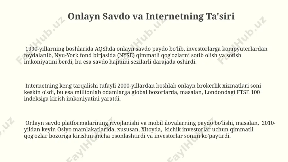 i paydo boʻlib, nasdaq kabi bozorlarning tezkor va samarali ishlashiga imkon berdi, kunlik operatsiyalar soni millionlabga yetdi. ochiq hayotga o'tish 2000-yillardan boshlab, internet texnologiyalarining rivojlanishi o'zbekiston fond bozorida onlayn savdo platformalarining paydo bo'lishiga va 1000 dan ortiq investorlarning faol ishtirokiga olib keldi. 1990-yillarning boshlarida toshkent fond birjasi tashkil etilishi bilan o'zbekistonda ochiq hayotga o'tishning dastlabki bosqichlari boshlandi, bu esa cheklangan miqdordagi aksiyalarni ommaviy savdo qilish imkoniyatini berdi. o'zbekistonda ochiq hayotga o'tish jarayonida 5 dan ortiq qimmatli qog'ozlar bozori ishtirokchilari, shu jumladan, brokerlik kompaniyalari va investitsion fondlar ro'yxatdan o'tkazildi. dastlabki savdo maydonchalari dastlabki savdo maydonchalari, masalan, 17-asrda amsterdamdagi fond birjasi, asosan dengiz savdosi va sharqiy hindiston kompaniyalarining aktsiyalari bilan shugʻullanar edi, bu global savdoning boshlanishini belgilab berdi. 18-asrda londondagi royal exchange kabi maydonchalar 500 dan ortiq brokerlarni birlashtirib, qimmatli qogʻozlar savdosini tizimlashtirishga va standartlashtirishga harakat qildi, ammo tartibsizliklar hali ham mavjud edi. qoʻshma shtatlardagi nyu-york fond birjasi 1792-yilda 24 brokerning "buttonwood …