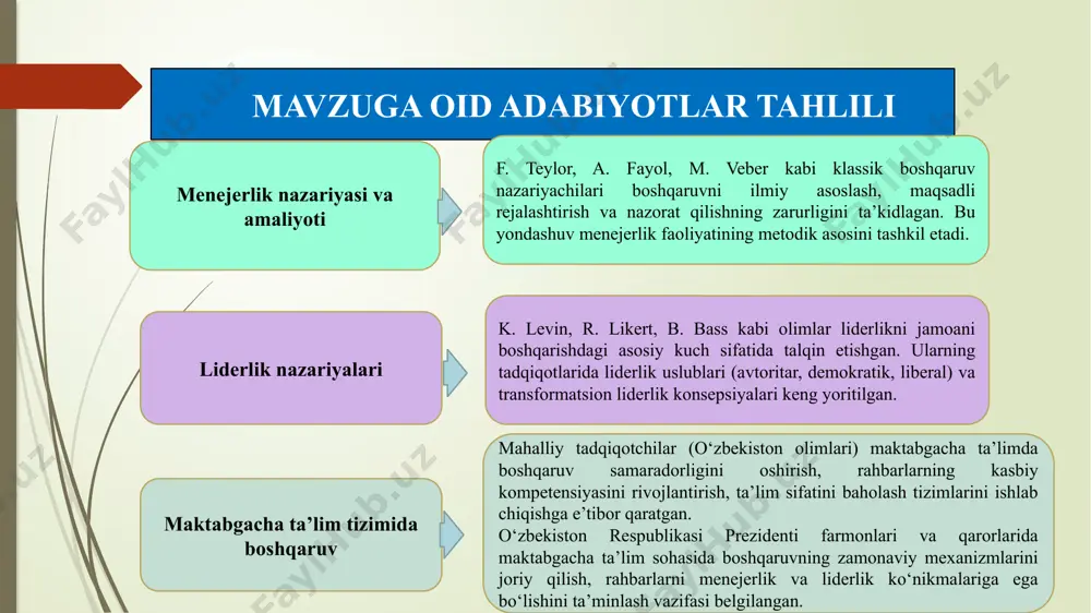 ali rejalashtirish va resurslarni to‘g‘ri taqsimlash, liderlik faoliyatida esa ijodkorlik, yangilikka ochiqlik va jamoani o‘zgarishlarga tayyorlash ustuvor bo‘lishi kerak. 8 11 muammoni bartaraf etish boʻyicha chora-tadbirlar rejasi t/r chora-tadbirlar mazmuni mas’ullar amalga oshirish muddati kutilayotgan natija 1. rahbarlar uchun menejerlik va liderlik ko‘nikmalarini rivojlantirish bo‘yicha maxsus treninglar tashkil etish maktabgacha ta’lim vazirligi, hududiy bo‘limlar 2025-yil davomida rahbarlarda zamonaviy boshqaruv va liderlik yondashuvlari shakllanadi 2. xorijiy davlatlar tajribasi asosida metodik qo‘llanmalar ishlab chiqish va joriy etish ilmiy-tadqiqot institutlari, oliy ta’lim muassasalari 6 oy muddatda rahbarlar xorijiy ilg‘or tajribalarni o‘z faoliyatida qo‘llash imkoniyatiga ega bo‘ladi 3. jamoada ijobiy psixologik muhit yaratish uchun motivatsion dasturlar ishlab chiqish muassasa rahbarlari, psixologlar doimiy ravishda pedagog va xodimlarda ishga qiziqish va mas’uliyat ortadi 4. innovatsion ta’lim texnologiyalarini joriy etish va rahbarlar faoliyatida monitoring olib borish hududiy boshqarmalar, muassasa rahbarlari har yili ta’lim sifati oshadi, boshqaruvda samaradorlik kuchayadi 5. ota-onalar bilan hamkorlikni kuchaytirish, ularni ta’lim jarayoniga jalb …