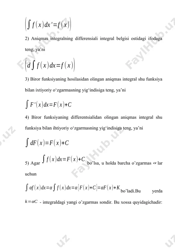 ndisini beradi (1-rasm). yuzlar yig’indisini odatdagi ma’noda hosil qilish uchun yuqorida ko’rsatilgan kesmalar bo’yicha olingan integrallar absolyut qiymatlari yig’indisini topish yoki (4||) integralni hisoblash kerak. agar y1=f1(x) va y2=f2(x) egri chiziqlar hamda x=a va x=b to’g’ri chiziqlar bilan chegaralangan figuraning yuzini hisoblash kerak bo’lsa, u holda f1(x)f2(x) shart bajarilgan figuraning yuzi qo’yidagiga teng: (5) 1-misol. y=cosx, y=0 chiziqlar bilan chegaralangan figuraning yuzi hisoblansin, bunda x[0, 2] (2-rasm). 2-rasm yechish. x[0, /2] va x[3/2, 2] da cosx0 hamda x[/2, 3/2] da cosx0 bo’lgani uchun demak, s = 4 (kv.birlik) 4. aniq integralning tadbiqlari noorganik kimyoda atom potentsiali bilan bog'liq bo'lgan etarli miqdordagi tenglamalarni hisoblash kerak. (masalan, ushbu 2 atom molekula tarkibiga kiradimi yoki yo'qligini aniqlash uchun, bu barcha narsalar barqaror bo'ladimi yoki n soniyadan keyin atomlarga bo'linib ketadimi va hokazo) integrallardan murakkab tenglamalarda foydalanish mumkin. kimyoda eng ko'p ishlatiladigan integrallar nazariy kimyoda, masalan, kvant kimyosida. mashhur kimyoviy integrallardan biri bu o'zaro …