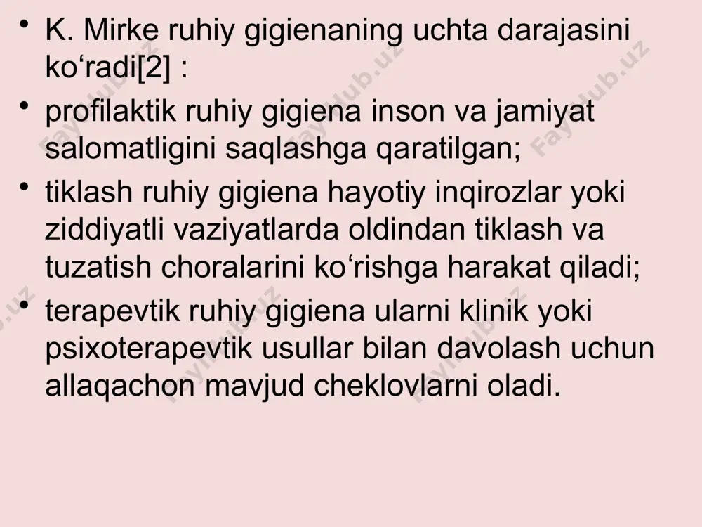 or bilan qarashga,uni saqlashga o'rgatish. psixogigiyena shartli ravishda quyidagi turlarga bominadi: 1) yoshga oid psixogigiyena; 2) aqliy va jismoniy mehnat psixogigiyenasi; 3) o'rganish va o'rgatish psixogigiyenasi; 4) oila va jinsiy hayot psixogi­ giyenasi; 5) turmush psixogigiyenasi; 6) bemor odam psixogigiyenasi. yoshga oid psixogigiyena bolalik davridan, ya’ni chaqaloq tug‘ilgan davrdan boshlanishi kerak. chunki insonning shaxs sifatida shakllanishi juda erta boshlanadi. bolalar psixogigiyenasida kattalar xulq-atvori, awalambor ota- onasining xulq-atvori o‘ta muhim ahamiyatga ega. doimo janjal bo‘ladigan, ichkilik ichiladigan, kitob mutolaa qilinmaydigan oilada yaxshi farzand voyaga yetishi ancha murakkabdir. bola ota-onaning yaxshi fazilatlariga ham, yomon qilig‘iga ham taqlid qiladi. hali bolada bosh miya yarim sharlari po‘stlog‘i funksional jihatdan to‘la shakllanmaganligi sababli ularda yaxshi-yomonni tahlil qilish imkoni past bo‘ladi. bolani hayotga o'rgatib borish, uning tafakkuriga mos hikoyalar, ertaklar aytish, hayotdan misollar keltirib borish bolada hayotga qiziqish uyg’otadi. psixogigiyenaning asosiy maqsadi ham salbiy asab-ruhiy omillarni bartaraf qilishdir. bolalarni maxsus kuchaytirilgan maktabga bera- yotganda psixologga ko‘rsatish …