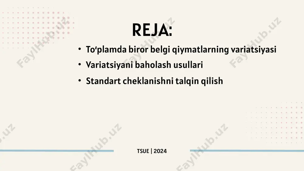 yasi kvartil farqi 3 standart cheklanishni talqin qilish standart cheklanish bu statistikada ma'lumotlar to'plamining tarqalishini yoki ma'lumotlar o'rtacha qiymatdan qanchalik farq qilishini o'lchaydigan miqdordir. bu ko'rsatkich ma'lumotlar orasidagi o'zgaruvchanlikni va o'rtacha qiymatning ishonchliligini aniqlashda muhim ahamiyatga ega. standart cheklanish moliyaviy aktivlar, masalan, aktsiyalar narxi o'zgaruvchanligini o'lchash uchun ishlatiladi. yuqori standart cheklanish yuqori riskni bildiradi. moliyaviy tahlil: talabalar test ballarining standart cheklanishi natijalar orasidagi farqni tahlil qilishva tajriba natijalarining ishonchliligini va farqlarni aniqlashda yordam beradi. ta'lim va ilmiy tadqiqotlar qiymatlar: 30, 28, 32, 29, 31 ishlanilishi: o’rtacha qiymat: x=30+28+32+29+31/5=30 standart cheklanish: 30 - 30 = 0, 28 - 30 = -2, 32 - 30 = 2, 29 - 30 = -1, 31 - 30 = 1 0^2=0, (-2)^2=4, 2^2=4, (-1)^2=1, 1^2=1 0+4+4+1+1=10 σ =ildiz ostida 10/5=1.41 javob: σ=1.41 misol: e’tiboring uchun raxmat tsue | 2024 image1.png image2.svg image3.jpeg image4.jpeg image5.jpeg image6.jpeg image7.jpeg image8.jpeg /docprops/thumbnail.jpeg