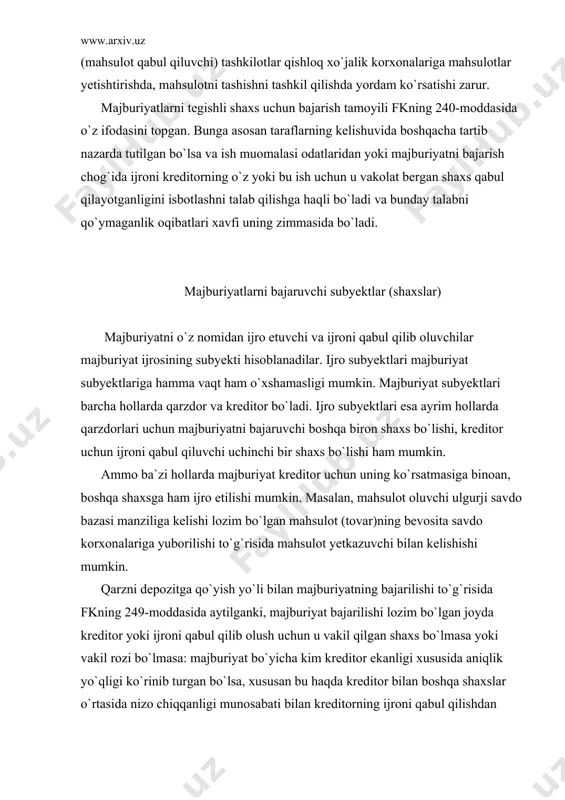 niqlik yo`qligi ko`rinib turgan bo`lsa, xususan bu haqda kreditor bilan boshqa shaxslar o`rtasida nizo chiqqanligi munosabati bilan kreditorning ijroni qabul qilishdan bo`yin tovlashi yoki uning tomonidan boshqacha yo`l bilan kechiktirilishi munosabati bilan amalga oshiriladi. pul summasini yoki qimmatli qog`ozlarni notarius yoxud sudning depozitga qo`yish, majburiyatni bajarish hisoblanadi. depozitga pul yoki qimmatli qog`ozlar qo`yilgan notarius yoxud sud kreditorni bundan xabardor qiladi. notarial idoraning depozitga qarzni qo`yish yo`li bilan majburiyat-ning bajarilishiga oid munosabatlar o`zbekiston respublikasining ``nota-riat to`g`risida”gi qonuni bilan tartibga solinadi[128]. mazkur qonunning 74-moddasida aytilishicha, pul summalari va qimmatli qog`ozlar depozitga qo`yilganligi haqida notarius kreditorga xabar qiladi va uning talabi bo`-yicha unga tegishli bo`lgan pul summalari va qimmatli qog`ozlarni top-shiradi. majburiyatning uchinchi shaxs tomonidan bajarilishi fkning 241-moddasida ko`rsatilgan. umuman, majburiyatning bajarilishi fkning 241-moddasida ko`rsatilganidek, uchinchi shaxs zimmasiga ham yuklatilishi mumkin. qonunda aytilishicha, agar qonun hujjatlarida yoki shartnomada nazarda tutilgan bo`lsa, shuningdek uchinchi shaxs taraflardan biri bilan tegishli shartnoma orqali bog`liq bo`lsa, shartnomadan …