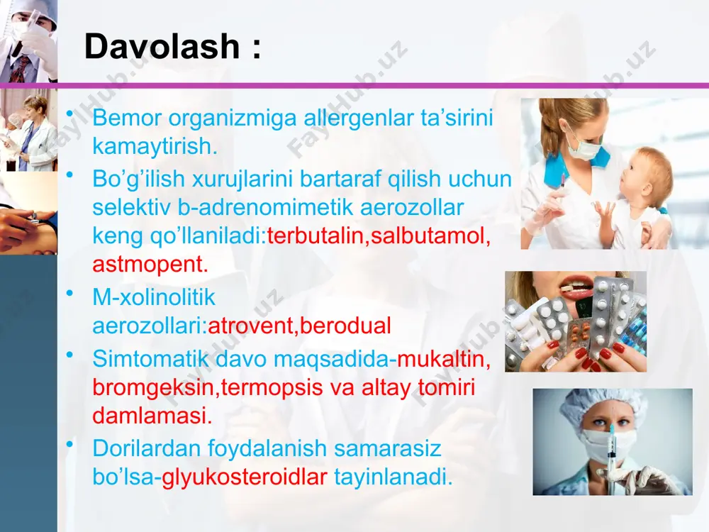 iborat bulib, kuniga 3-4 marta 2 ta ingalyatsiya xoli da kullaniladi. nojo’yi ta’sirlari (tomok achishishi, yo’tal, bronxospazm) ning oldini olish uchun intalni ishlatishdan avval bronxodilatatorlardan (r2-agonistlar) foydalanish o’rinli. kombinastiyadagi preparatlar uch tomonlama - bronxolitik, yallig’lanish va allergiyaga karshi ta’sir kursatadi va samarasi yukori. bularga aeronom- tarkibi 1 mg natriy kromoglikat va 100 mkg doza salbutamol, ditek - tarkibida 1 mg natriy kromoglikat va 50 mg fenoterol, intal plyus tarkibida 1 mg kromoglistinat kislotasi va 100 mkg salbutamol mavjud. natriy nedokromil (tayled) intalga karaganda 4-10 baravar kuchpirok ta’sir etadi va yal- liglanishni keltirib chikaruvchi turli xujayrapardan ajraladigan faol moddalarga tuskinlik kiladi. tayled allergiya va u bilan boglik bulmagan ba da yaxshi samara beradi xdmda uzok muddat ishlatilganda ta’siri asta-sekin oshib boradi. bu preparatni ishlatganda kiska ta’sir etuvchi bronxolitiklardan voz kechish va kortikosteroidlar dozasini kamaytirish imkoniyati tugiladi. u 2 ml 112 dozadagi aerozollar kurinishida chikariladi va kunda 2 maxal 2 tadan ingalyastiya …