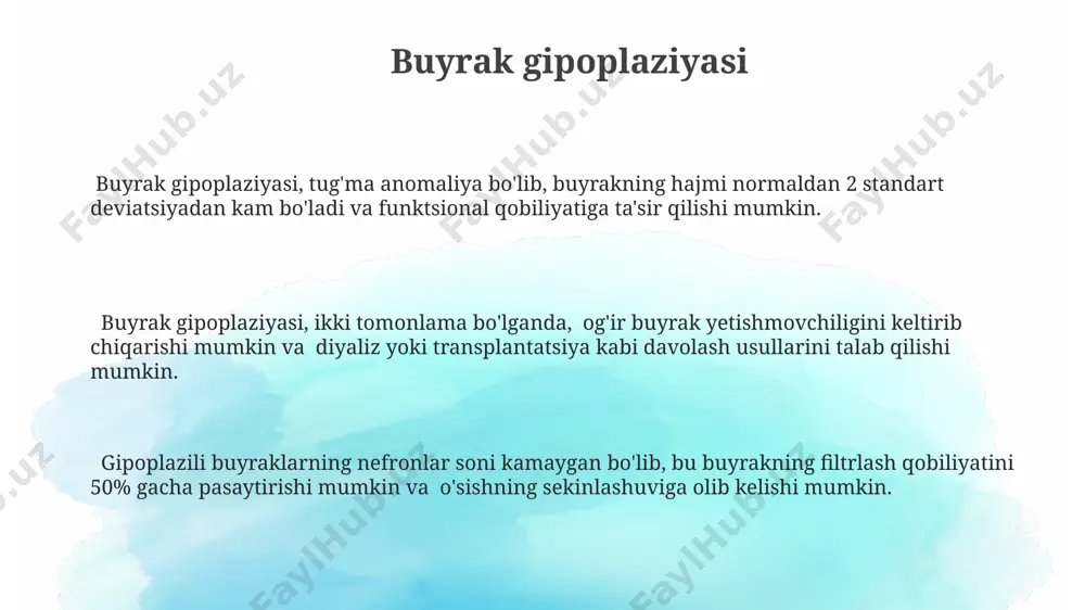 radi. podkovasimon buyrak podasimon buyrakda ikki buyrak bir-biriga pastki qutblari bilan birikkan holda, “u” yoki “v” shaklida joylashgan bo'ladi, bu esa siydik yo'llarining obstruksiyasi va infektsiyalar xavfini oshiradi. taxminan 50% podasimon buyrakli bemorlarda qo'shimcha anomaliyalar, masalan, siydik yo'llari anomaliyalari yoki kardiovaskulyar nuqsonlar kuzatiladi, shuning uchun har tomonlama tekshiruv muhim. buyrakning podasimon shakli 2-5% hollarda uchraydi va erkaklarda ayollarga nisbatan tez-tez kuzatiladi, bu esa genetik va embrional rivojlanishdagi omillar bilan bog'liq. buyrak displaziyasi buyrak displaziyasi bilan ogʻrigan bemorlarning taxminan 20-30 foizida boshqa tugʻma nuqsonlar, masalan, siydik yoʻllarining anomaliyalari yoki skelet-mushak tizimi buzilishlari kuzatiladi. buyrak displaziyasi koʻpincha 1000 tugʻilishda 1 holatda uchraydi va buyrak toʻqimalarining notoʻgʻri rivojlanishi bilan tavsiflanadi, bu esa buyrak funksiyasining pasayishiga olib kelishi mumkin. displastik buyraklar odatda kichikroq boʻladi va normal buyrak tuzilishiga ega emas, ular koʻpincha sistalar va toʻqimalarning notoʻgʻri joylashuvi bilan birga keladi, bu esa ultratovush tekshiruvida aniqlanadi. ektopik buyrak ektopya buyrakning urografik tekshiruvida buyrakning g'ayritabiiy joylashuvi …