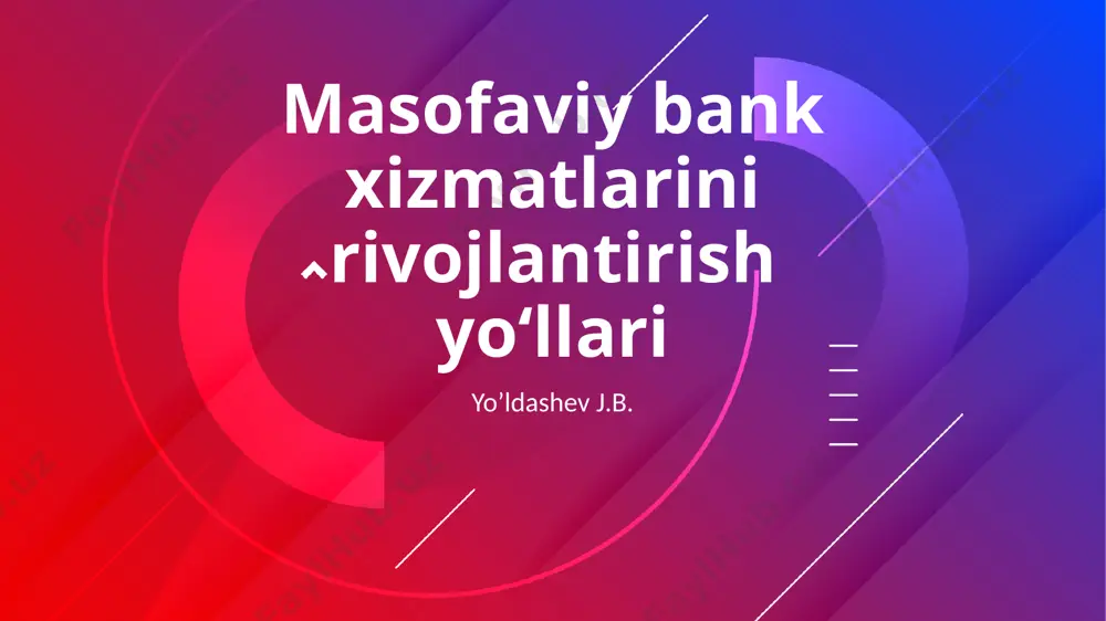 sus dastur o‘rnatiladi. ushbu dastur kompyuterda barcha mijoz ma’lumotlarni saqlaydi (asosan to‘lov hujjatlari va hisobvaraqlardan ko‘chirmalar). bank va mijozning kompyuteri o‘rtasida modem orqali to‘g‘ridan-to‘g‘ri aloqa amalga oshiriladi. www.presentationgo.com © presentationgo.com by: .com © copyright presentationgo.com – the free powerpoint library 8 internet-banking bu mijozlarning depozit hisobvaraqlarini, jumladan bank kartalariga ochilgan hisobvaraqlarini, internet orqali boshqarish huquqini beruvchi tizimdir. bu xizmat turi mijozning masofadan bank bilan bog‘langan holda real vaqt davomida to‘lovlarni o‘tkazish uchun mo‘ljallangan tizimdir. internet-banking tizimi bankning veb-serverida joylashtiriladi. foydalanuvchi tizimga veb-brauzer orqali qiradi. foydalanuvchi bankning veb-saytida barcha o‘z ma’lumotlari (to‘lov hujjatlari va hisobvaraqlardan ko‘chirmalar)ni ko‘rib chiqish imkoniyatiga ega. www.presentationgo.com © presentationgo.com by: .com © copyright presentationgo.com – the free powerpoint template library 9 internet-banking xizmati orqali mijoz o‘z ish joyida yoki boshqa o‘ziga qulay sharoitda: barcha hisobotlarni olish kabi amaliyotlaridan istalgan vaqtda foydalanish imkoniyatini yaratadi to‘lovlarni o‘tkazish to‘lov o‘tishi bosqichlarini kuzatish www.presentationgo.com © presentationgo.com by: .com © copyright presentationgo.com …