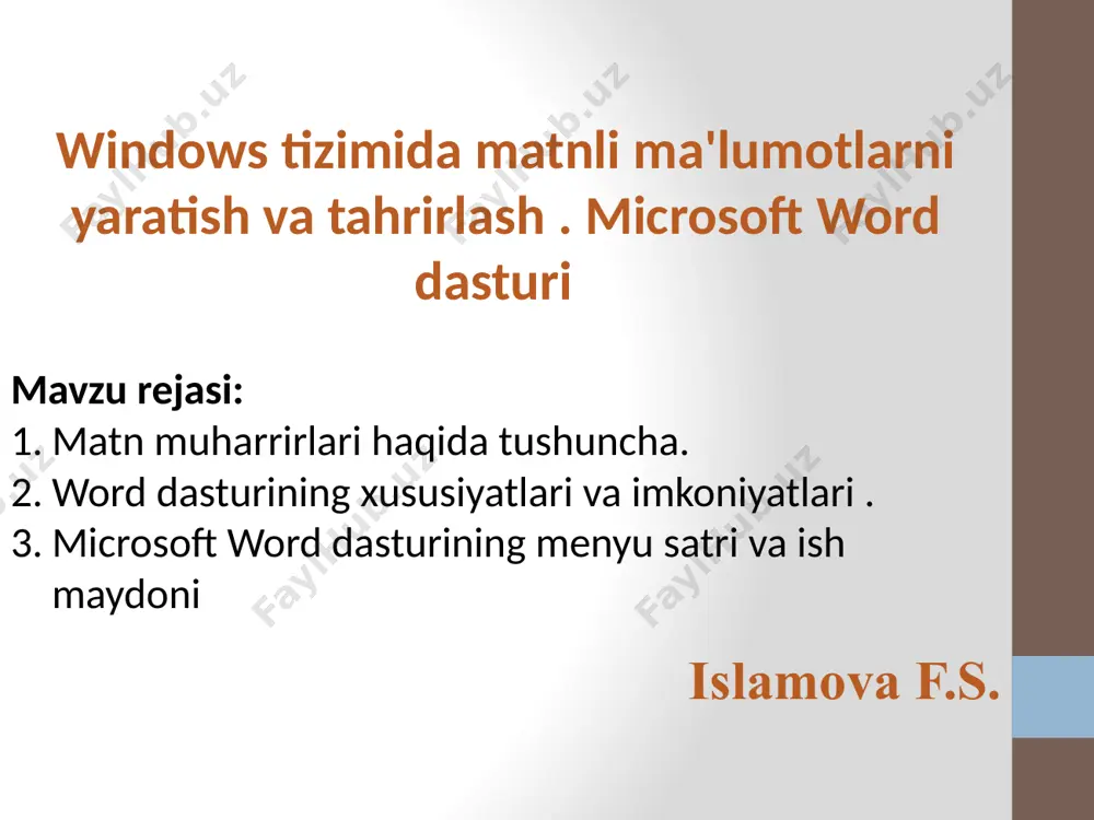 vchi klaviaturadan kiritilgan belgi chiziq - gorizontal ravishda varaqning boshidan oxirigacha belgilar va so'zlar to'plami so'z ikki tomondan tinish belgilari yoki bo'sh joy bilan chegaralangan belgilar to'plamidir paragraf - mazmunni semantik ta'kidlash uchun guruhlangan qatorlar ketma-ketligi sahifa - vertikal ravishda varaqning boshidan oxirigacha paragraflar ketma-ketligi fragment - matnning tanlangan qismi. word bilan ishlashni boshlash word-dagi barcha yangi matnli hujjatlar shablonlarga asoslangan. shablon - bu yangi matnli hujjatlarni yaratish uchun shablon sifatida foydalaniladigan hujjat. word dasturida word-da matnli hujjatni quyidagi usullar bilan yaratishingiz mumkin: menyuda yangi buyruqni tanlang fayl , so'ngra yaratish bo'limidagi vazifa panelida "yangi hujjat" ni tanlang ; standart asboblar panelidagi yangi belgisini bosing, bo'sh hujjat hujjat 1 ochiladi. yangi hujjatlarni yaratishda ularga ketma-ket 2, 3, 4, 5 va boshqalar raqamlari beriladi. word dasturida hujjatni ochish word-da hujjatni bir necha usul bilan ochishingiz mumkin: fayl menyusidan ochish buyrug'ini tanlang va hujjatni ochish muloqot oynasida fayl nomi va joylashuvini belgilang; …