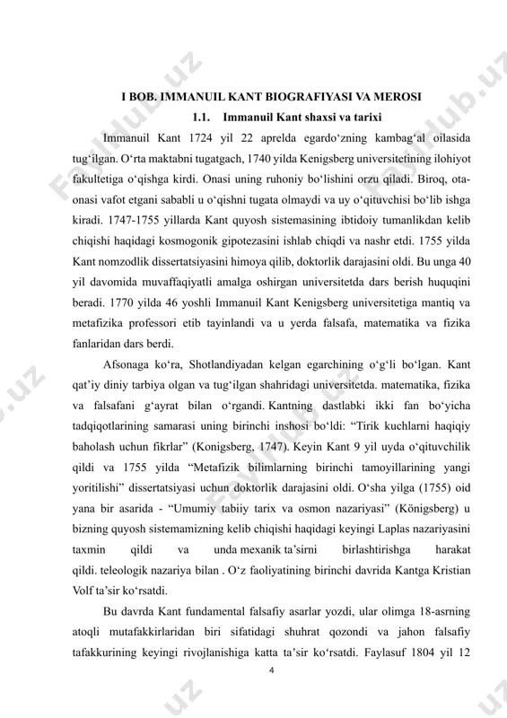 anlik darajasini tekshirish” (1763) va boshqalar. 15 yil davomida kant xususiy o‘qituvchi bo‘lib ishlagan va faqat 1770 yilda o‘z shahri universitetida mantiq va metafizika bo‘limiga “sezgi va tushunarli dunyoning shakli va tamoyillari to‘g‘risida” nomzodlik dissertatsiyasini himoya qilgan. bu asar immanuil kant faoliyatining uchinchi davriga o‘tishni tashkil etadi va transsendental estetika haqida, qisman transsendental analitika va umuman, keyinchalik u tomonidan keng ishlab chiqilgan sof aqlning tanqidi haqida ba’zi fikrlarni o‘z ichiga oladi; ammo bu ishda kant hali ham asosan eski metafizika asosida turdi. biroq, kantning ichki falsafiy faoliyati 10 yil davomida davom etdi, u to‘rt oy ichida yozgan asosiy asarini nashr etdi: “sof aql tanqidi“ (1781). bu ishni qisqa vaqt ichida boshqa yirik asarlar: 1783 yilda “har qanday kelajak metafizikasiga prolegomena”, 1785 yilda “axloq metafizikasi asoslari”, 1788 yilda “amaliy aql tanqidi”, 1790 yilda “tanqid hukm kuchi“, 1793 yilda “din faqat aql doirasida”, 1797 yilda “huquq ta’limotining metafizik tamoyillari” va “fazilat ta’limotining …