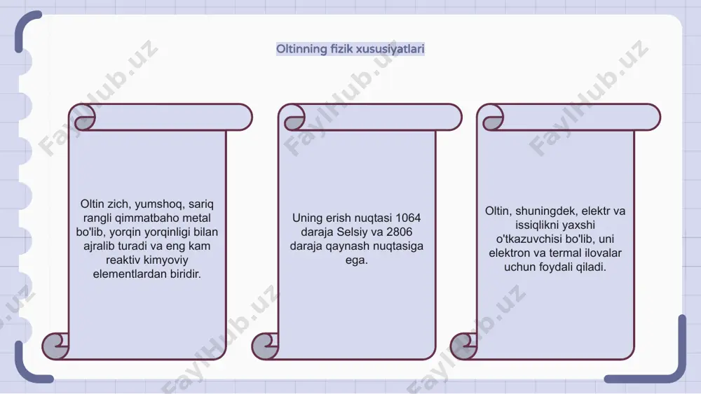 , qorayishga va oksidlanishga chidamli bo'lib, ularni zargarlik buyumlari va investitsiya maqsadlari uchun ideal qiladi. oltin va kumush o'rtasidagi asosiy farqlardan biri ularning rangidir. oltin issiq sariq rangga ega, kumush esa yorqin oq rangga ega. rangdagi bu farq yorug'likning ularning yuzalarida aks etishi bilan bog'liq. kumushning tozaligini tekshirish haqida gap ketganda, bir nechta usullar mavjud. keng tarqalgan usullardan biri bu kislotali sinov bo'lib, uning tozaligini aniqlash uchun kumushning kichik namunasi kislotaga solinadi. boshqa usullarga rentgen nurlari floresansi va yong'in tahlili kiradi. 1 2 3 e'tiboringiz uchun rahmat