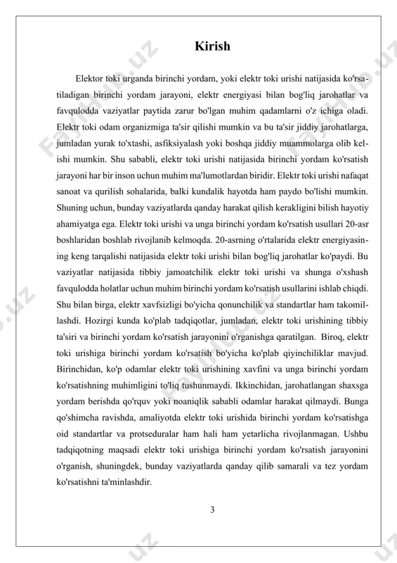 elektrning o'tish joyiga bog'liq. terida ko'proq jiddiy kuyishlar ichki organlarga zarar yetkazishi mumkin. 4. **mushak va to'qimalar shikastlanishi**: elektr toki o'z yo'lida to'qimalarni shikastlashi mumkin. bu jarohatlar mushaklarning parchalanishi yoki boshqa jiddiy shikastlanishga olib kelishi mumkin. birinchi yordam ko'rsatish jarayonida, elektr toki urishidan jabr ko'rgan shaxsga yordam berishning bir necha muhim bosqichlari mavjud. birinchi navbatda, elektr toki urishining manbasini to'xtatish zarur. agar shaxs elektr manbasi bilan bog'liq bo'lsa, avval manbani o'chirish yoki zarur hollarda uni izolyatsiya qilish kerak. buning uchun shaxsni qutqarishdan oldin o'z xavfsizligini ta'minlash muhimdir. keyin, jarohatlangan shaxsni tekshirish kerak. agar u hushidan ketgan bo'lsa, reanimatsiya qilish jarayonlarini amalga oshirish zarur. bu jarayonlar yurakni tiklash va nafas olishni tiklashga qaratilgan. buning uchun, sun'iy nafas berish va yurakni bosim bilan massaj qilish muhimdir. agar jarohatlangan shaxsda yurak fibrilyatsiyasi aniqlansa, defibrillator yordamida yurak faoliyatini tiklash kerak bo'lishi mumkin. agar shaxs hushida bo'lsa va nafas olayotgan bo'lsa, uni qulay holatga keltirish …