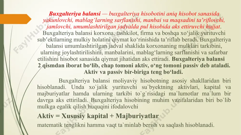 oldin sodir bo’lgan voqealar natijasida korxonaga kelib tushgan va ular kelajakda foyda keltiradigan iqtisodiy resurslardir. aktivlar uch xil xususiyatga ega bo’lishi kerak: a) kelajakdagi iqtisodiy nafni o’zida mujassamlanishi, bevosita va bilvosita pul mablag’lari yoki ularning ekvivalentlarini ko’paytirish imkoniyati; b) bu iqtisodiy naflarni nazorat qilish qobliyatini mujassamlash; v) oldingi bitimlar yoki boshqa voqealarning natijasi bo’lishi. «passiv» atamasining ildizi ham lotincha faolsiz, xolis turmoq, tushuntirish kabi so’zlarning ildizidan olingan. tarixan bu atama dastlab faqat qarzga olingan mablag’larga nisbatan, ya’ni uchinchi shaxslar oldidagi majburiyatlarga nisbatan qo’llanar edi. bu bilan mulk egasi qarzga olingan mablag’larga bo’lgan munosabatda o’zboshimchalikdan o’zini tutishi kerakligi ta’kidlangan edi. keyinchalik «passiv» atamasi manbalarning boshqa moddalariga ham tarqatilgan bo’lib, faqat korxona majburiyatlarini tavsiflabgina emas, mablag’lar turlarini qanday maqsadlarga mo’ljallanganligini ham tavsiflash uchun ishlatiladigan bo’ldi. manbalarning tarkibiy qismini majburiyatlar tashkil etadi. subyektning majburiyatlari bu oldingi amalga oshirilgan operatsiyalarning natijasi yoki kelajakda o’zida mujassamlangan iqtisodiy nafni chiqib ketishi yoki yangi majburiyatlarni vujudga kelishi …
