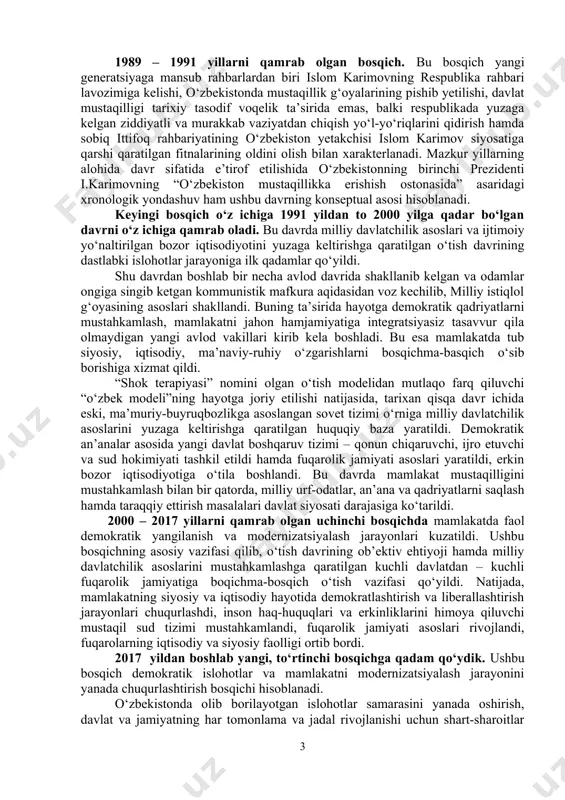 rish asosiy mehnat qurollari nimadan yasalganligiga asoslanadi. bular: paleolit, mezolit, neolit, eneolit, bronza, temir. ular, o‘z navbatida, bosqichlarga bo‘linadi. masalan, paleolit davri quyi paleolit, o‘rta paleolit, yuqori paleolitga bo‘linadi. yuqoridagilardan tashqari davlat va sulola nomidan kelib chiqadigan davlat-sulolaviy davrlashtirish ham mavjud. masalan: ahomoniylar, salavkiylar, yunon-baqtriya, kushon va boshqalar. tarixiy xronologik nisbiy davrlashtirish umumiy tushunchalarga asoslanib, katta xronologik davrlarni o‘z ichiga oladi: eng qadimgi, arxaik, antik, ilk o‘rta asrlar, o‘rta asrlar, so‘nggi o‘rta asrlar, yangi, eng yangi davrlar. tarixiy madaniy davrlashtirish hukmron (asosiy) madaniyat belgisiga qarab aniqlanadi. masalan: ellinistik davr. etnik davrlashtirish asosida qabilaviy mansublikka asoslangan davrlashtirish yotadi. masalan: sak, eron, eftalit, turk, arab, o‘zbek davrlari. diniy davrlashtirish asosida u yoki bu davrda hukmron bo‘lgan din, e’tiqod yotadi. masalan: otashparastlik, buddaviylik, musulmon davrlari. o‘rta osiyo tarixini musulmon dinigacha va musulmon davrlariga bo‘lish fanda keng tarqalgan. bu o‘ziga xos qadimgi va ilk o‘rta asrlar davrini o‘rta asrlar davridan ajratib turuvchi belgi sifatida …