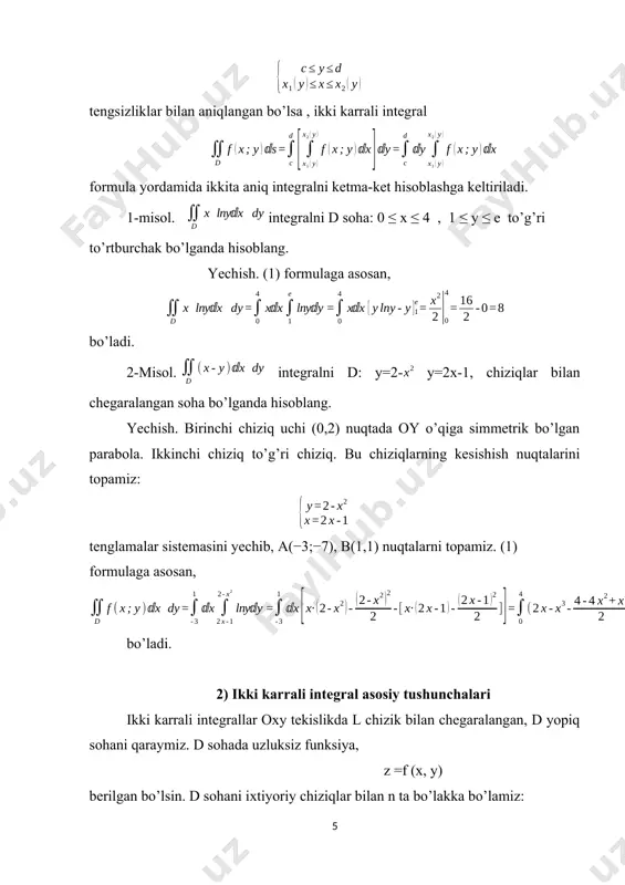 ’lgan soha deb ataymiz. ox o’q yo’nalishida to’g’ri bo’lgan soha ham shuning singari aniqlanadi. ham ox , ham oy o’qlar yo’nalishida to’g’ri bo’lgan sohani qisqacha to’g’ri soha deymiz. 5- rasmda ox va oy o’qlar bo’yicha to’g’ri bo’lgan soha d ko’rsatilgan. f (x, y) funksiya d sohada uzluksiz bo’lsin. quyidagi ifodani qaraymiz: bu ifodani f (x, y) funksiyaning d soha bo’yicha olingan ikki karrali integrali deb ataymiz. uni hisoblash uchun x ni o’zgarmas deb qarab, kavs ichidagi ifodani avval y bo’yicha integrallaymiz. integrallash natijasida x ning uzluksiz funksiyasi hosil bo’ladi: bu funksiyani x bo’yicha a dan b gacha chegarada integrallaymiz. natijada biror o’zgarmas son chiqadi. misol. ushbu ikki karrali integral hisoblansin: yechish. avval ichki integralni (qavs ichidagini) hisoblaymiz; ф(x)= hosil bo’lgan funksiyani 0 dan 1 gacha chegarada integrallaymiz d sohani aniqlaymiz. bu holda d deb y=0, y=, x=0, x=1 chiziqlar bilan chegaralangan soha qaraladi (6-rasm). d soha x o’zgaradigan ( x=a …