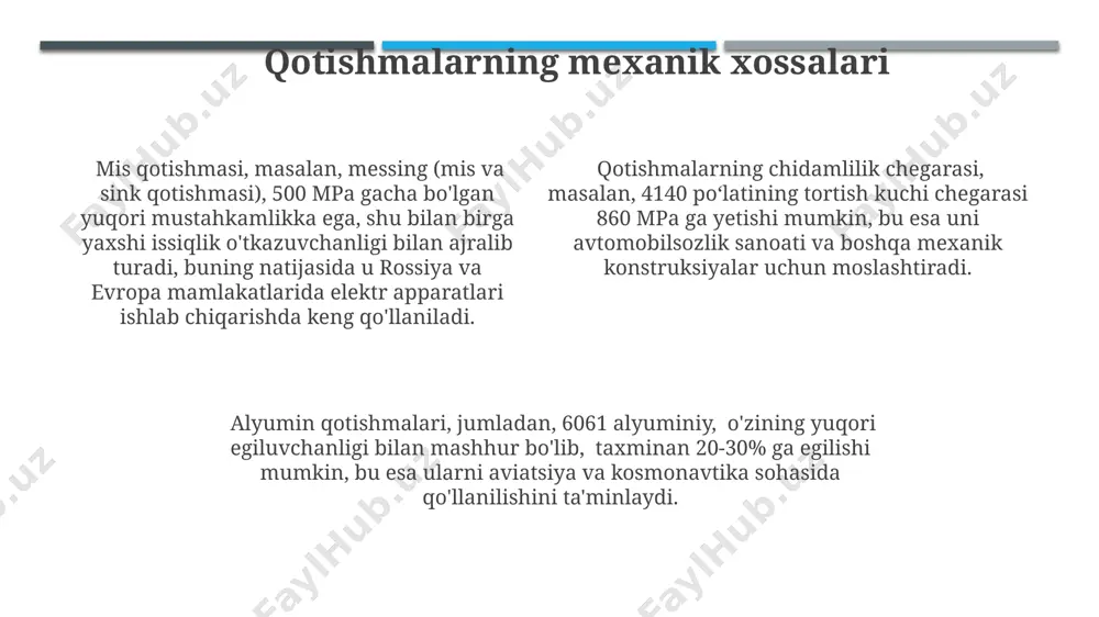 yiliga millionlab tonna chiqindini qayta ishlaydi. metallarning magnit xossalari alyuminiy qotishmalari, masalan, duralyuminiy, o'zlarining past magnit o'tkazuvchanligiga ega bo'lib, taxminan 1 ga yaqin, shuning uchun ular magnit maydonlaridan himoya qilishda qo'llaniladi, masalan, qarshi shahridagi elektronika zavodlarida. nikel va kobalt kabi metallar kuchli ferromagnetik xususiyatlarga ega bo'lib, ularning magnitlanish darajasi 10000 ga yaqin gauss bo'lishi mumkin. bu xususiyat toshkentdagi magnit ishlab chiqarishda muhim ahamiyatga ega. temirning magnit o'tkazuvchanligi 1000 ga yaqin bo'lib, bu boshqa metallarga nisbatan ancha yuqori va shu sababli u elektr motorlarida keng qo'llaniladi, masalan, samarqanddagi zavodlarda. metallarning mexanik xossalari mis qotishmalari, masalan, bronzalar, yuqori plastiklikka ega, 10-30% gacha cho'zilishga bardosh bera oladi va elektr o'tkazuvchanligi misning o'ziga nisbatan pastroq bo'lsa-da, samarqanddagi elektrotexnika korxonalarida keng ishlatiladi. alyuminiy qotishmalari, masalan, aviatsiya sanoatida keng qo'llaniladigan d16 alyuminiy qotishmasi, 450 mpa gacha bo'lgan taslim bo'lish kuchiga ega bo'lib, toshkentdagi zavodlarda ishlab chiqariladi. metallarning chidamlilik chegarasi, masalan, po'lat uchun 400-700 mpa oralig'ida bo'lib, …