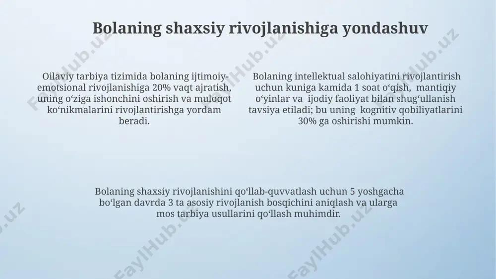 ash muhim. farzand tarbiyasi strategiyasi samimiy muloqot va 3 ta asosiy tarbiyaviy usul: rag'batlantirish, tuzatish va jazo qo'llashning muvozanatini saqlash farzand tarbiyasi strategiyasining muhim tarkibiy qismidir. 7-12 yosh oralig'ida farzand tarbiyasi strategiyasi o'quv faoliyatini rag'batlantirish, mas'uliyat tuyg'usini oshirish va tengdoshlar bilan munosabatlarini to'g'ri yo'naltirishga qaratilgan bo'lishi kerak. farzand tarbiyasi strategiyasida 5 yoshgacha bo'lgan davrda asosiy e'tibor bolaning hissiy-ijtimoiy rivojlanishiga, muloqot ko'nikmalarini shakllantirishga va mustaqilligini rivojlantirishga qaratiladi. oila tarbiyasi boshqaruv tizimining asosiy tamoyillari oilaviy munosabatlarning 4 ta asosiy turiga (demokratik, avtoritar, liberal va befarq) mos keladigan tarbiya usullarini tanlash va ularni samarali qo'llash tizimning muhim qismidir. oila tarbiyasi boshqaruv tizimining asosiy tamoyillaridan biri, bolaning 3 yoshgacha bo'lgan davrida 5 ta asosiy rivojlanish sohasini (jismoniy, intellektual, ijtimoiy-emotsional, nutq va ijodiy) nazorat qilish va ularni qo'llab-quvvatlashdan iborat. muvaffaqiyatli oila tarbiyasi boshqaruv tizimi 2 bosqichli baholash tizimini, ya'ni oila a'zolarining o'z-o'zini baholashi va mutaxassislar tomonidan tashqi baholashni o'z ichiga oladi. oilaviy byudjet va moliyaviy …