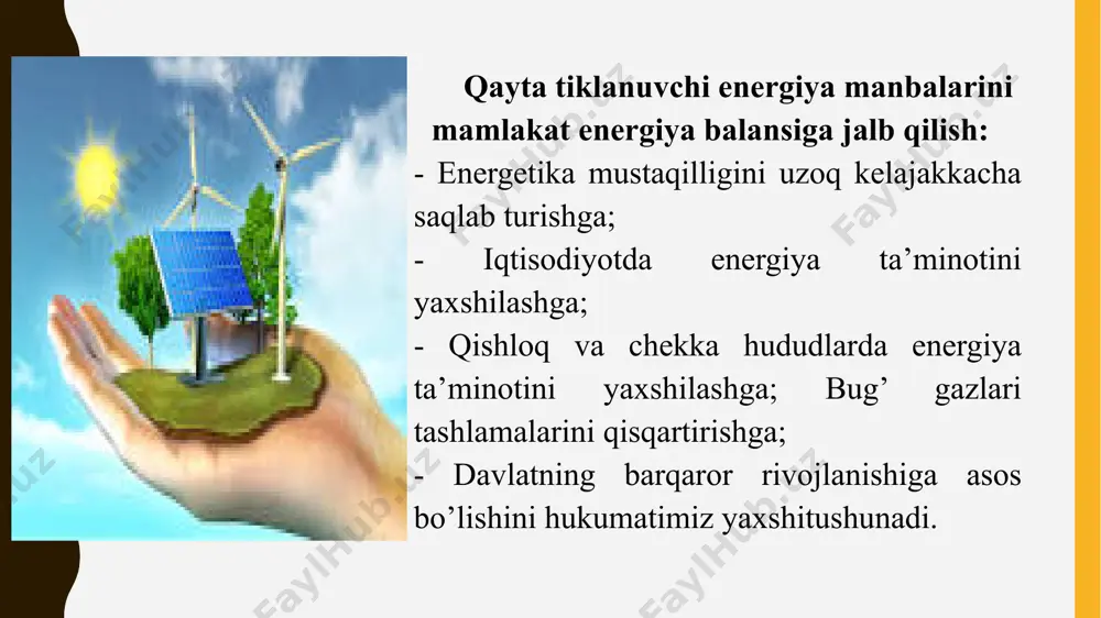 quyosh energiyasi – bu qayta tiklanuvchi energiya manbai bo’lib, amalda ishlatish nuqtai nazaridan porloq, foydalanish uchun qulay, oddiy energiya hisoblanadi. respublikada bir yilda quyosh nuri davomiyligi shimolda 2000 soatga yetadi hamda janubiy hududlarda 3000 soatdan oshadi. sutka davomida quyosh nur sochishi 7-10 soat, yillik jami nurlanish shimolda 4800 mdj/m2 gacha o’zgarib turadi. bu respublika bo’yicha quyosh energiyasi salohiyatining o’rtacha qiymatlarini tavsiflaydi,lekin aniq hududdagi quyosh energiyasi uskunasining ishlash sharoiti va texnikaviy imkoniyatlari haqida malumot bermaydi. shunga qaramay, quyosh energiyasining texnikaviy salohiyati respublikaning energiyaga bo’lgan yillik talabini to’rt barobar qoplaydi, bu esa salohiyatning qanchalik to’g’ri aniqlanganligi borasidagi bahs-munozaralarni yumshatadi. shamol energiyasi. dunyoda foydalaniladigan qayta tiklanuvchi energiya turlaridan biri shamol energiyasidir. shamolning tezligi o’zbekiston gidrometeorologiya stansiyalaridan 10 metr balandliklarda aniqlangan. bu stansiyalarning joylashishi meteorologik masalalarning ko’pgina vazifalarini bajarish bilan belgilanadi va bunda shamol muhim masalalardan biri hisoblanadi. “o’zgidromet“ markazi ma’lumotlaridan zamonaviy shamol generatorlarining ishlashi uchun zarur bo’lgan 80-100 metrgacha balandlikdagi shamol tezligini aniqlashda …