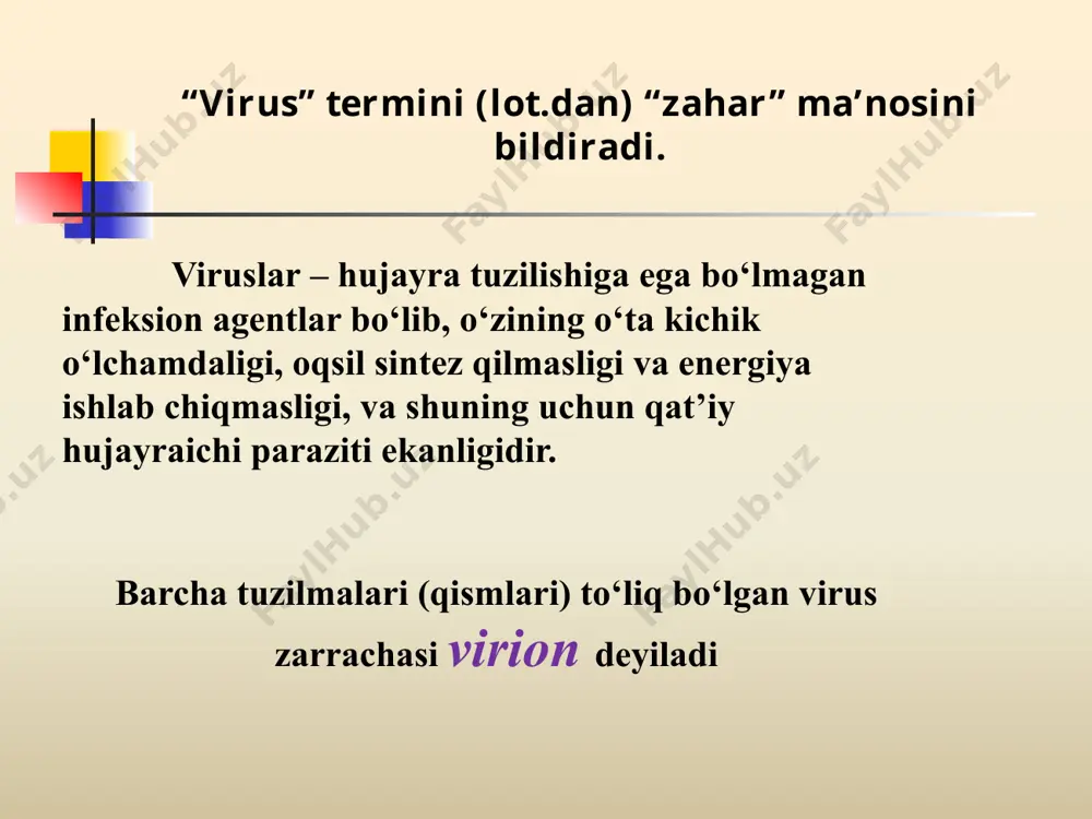 uslar tarkibida nuklein kislota, oqsillar, lipidlar, glikolipidlar, glikoproteidlar mavjud. ularda hamma vaqt faqat bir turdagi nuklein kislotalardan biri (dnk yoki rnk) bo‘lib, ular virionning 1 % dan 40 % gacha bo‘lgan massasini tashkil etadi. virus genomlari bir nechtagina oqsil sintezi uchun etarli bo‘lgan axborot (informatsiya)ni saqlaydi. ularning massasi 10 - 15 mg. gacha bo‘lib, o‘rtcha hujayralarga nisbatan 1 mln. marta kichik, uzunligi esa 0,093 mm gacha bo‘lishi mumkin. nukleotid juftlar soni (gepatit v virusida) 3150 tadan (chinchechak virusida) 230 000 tagacha bo‘lishi mumkin. viruslarning kimyoviy tarkibi viruslardagi oqsillar (70-90 %) ikki xil - tarkibiy tuzilmali yoki tarkibiy tuzilmaga xos bo‘lmagan turlarga bo‘linadi. tarkibiy tuzilmali oqsillar – etilgan, hujayradan ajralgan virion tarkibidagi oqsillar bo‘lib, ular quyidagi muhim funksiyalarni bajaradi: - nuklein kislotani tashqi muhitning zararli omillaridan himoyalash; - virusga sezgir bo‘lgan hujayralar membranasi bilan bog‘lanish; - virusni hujayra ichiga kirishini ta’minlash; - rnk - va dnk – polimeraza fermenti sifatida faollik …
