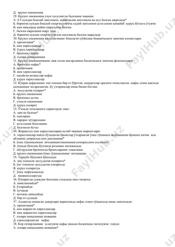 ni chiqishi: a. 4-5 kundan boshlab zangsimon. keyinchalik shilliqli va mul balg'am ajraladi* b. birinchi kundan boshlab oxirgi kungacha oddiy zangsimon asta-sekin kamayib quruq yo'talga o'tuvchi v. kam miqdorda qiyin ajraluvchi balg'am g. balg'am ajralishi shart emas d. birinchi kundan oxirgi kungacha shilliqli balg'am ajraladi 30. krupoz pnevmoniya kasalligining boshlagich ko'yilish boshqichidagi eshitish alomatlari: a. krepitatsiya* b. nam xirillashlar v. o'uruq xirillashlar g. bronxial nafas d. plevra ishqalanishi 31. krupoz pnevmoniyaning avj olgan jigarlanish bosqichidagi eshitish fenomenlari: a. bronxial nafas* b. krepitatsiya v. nam xirillashlar g. pasaygan vezikulyar nafas d. kuruk xirillashlar 32. ko'krak qafasining chap tomoni bir oz bo'rtgan. qovurg'alar oralig'i tekislangan. nafas olish vaqtida katnashishi chegaralangan. bu uzgarishlar nima bilan boglik: a. ekssudativ plevrit* b. krupoz pnevmoniya v. bronxial astma g. uchokli pnevmoniya d. quruq plevrit 33. o'choqli zotiljamga xarakterli emas: a. zangli balg'am* b. xansirash v. xarorat ko'tarilishi g. asta-sekin boshlanish d. balg'amli yutal 34. jarangsiz nam …