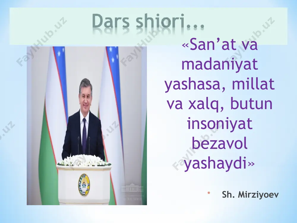 lash yoʻlida koʻriladigan chora tadbirlar yigindisi. tarbiya…. "tarbiya" atamasi keng tushuncha sifatida ishlatiladi. tarbiya inson shaxsini shakllantirishga, uning jamiyat ishlab chiqarishi va ijtimoiy, madaniy, maʼrifiy hayotida faol ishtirokini taʼminlashga qaratilgan barcha taʼsirlar, tadbirlar, harakatlar, intilishlar yigindisini anglatadi. bunday tushunishda tarbiya faqat oila, maktab, bolalar va yoshlar tashkilotlarida olib boriladigan tarbiyaviy ishlarni emas, balki butun ijtimoiy tuzum, uning yetakchi goyalari, adabiyot, sanʼat, kino, radio, televideniye va boshqalarni ham oʻz ichiga oladi. shuningdek, keng maʼnodagi tarbiya tushunchasi ichiga taʼlim va maʼlumot olish ham kiradi. "tarbiya" atamasi… bolaning musiqaviy qobiliyatini rivojlantirish.(faoliyat turlari bo’yicha) maktabgacha ta’lim tashkilotlarida olib boriladigan musiqa tarbiyasi orqali bolalar ma`lum darajada malaka va ko`nikmalarga ega bo`lishi lozim. bolalarda musiqa tarbiyasini rivojlantirish quyidagi faoliyat turlari asosida bilim, ko’nikma va malakalar shakllantiriladi: bolaning musiqaviy qobiliyatini rivojlantirish.(faoliyat turlari bo’yicha) 1. musiqa tinglash 2. jamoa bo`lib kuylash 3. didaktik o’yin 4. musiqa bilan harakat (ritmika) musiqa bilan harakat o'quvchilarning aqliy, nafosat va jismoniy rivojida …