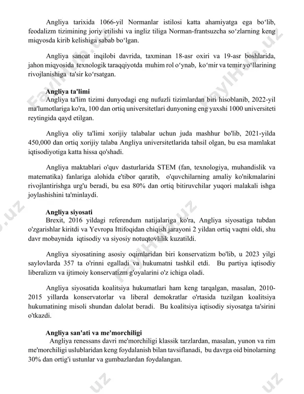 b, 2022-yil ma'lumotlariga ko'ra, 100 dan ortiq universitetlari dunyoning eng yaxshi 1000 universiteti reytingida qayd etilgan. angliya oliy ta'limi xorijiy talabalar uchun juda mashhur bo'lib, 2021-yilda 450,000 dan ortiq xorijiy talaba angliya universitetlarida tahsil olgan, bu esa mamlakat iqtisodiyotiga katta hissa qo'shadi. angliya maktablari o'quv dasturlarida stem (fan, texnologiya, muhandislik va matematika) fanlariga alohida e'tibor qaratib, o'quvchilarning amaliy ko'nikmalarini rivojlantirishga urg'u beradi, bu esa 80% dan ortiq bitiruvchilar yuqori malakali ishga joylashishini ta'minlaydi. angliya siyosati brexit, 2016 yildagi referendum natijalariga ko'ra, angliya siyosatiga tubdan o'zgarishlar kiritdi va yevropa ittifoqidan chiqish jarayoni 2 yildan ortiq vaqtni oldi, shu davr mobaynida iqtisodiy va siyosiy notuqtovlilik kuzatildi. angliya siyosatining asosiy oqimlaridan biri konservatizm bo'lib, u 2023 yilgi saylovlarda 357 ta o'rinni egalladi va hukumatni tashkil etdi. bu partiya iqtisodiy liberalizm va ijtimoiy konservatizm g'oyalarini o'z ichiga oladi. angliya siyosatida koalitsiya hukumatlari ham keng tarqalgan, masalan, 2010-2015 yillarda konservatorlar va liberal demokratlar o'rtasida tuzilgan …
