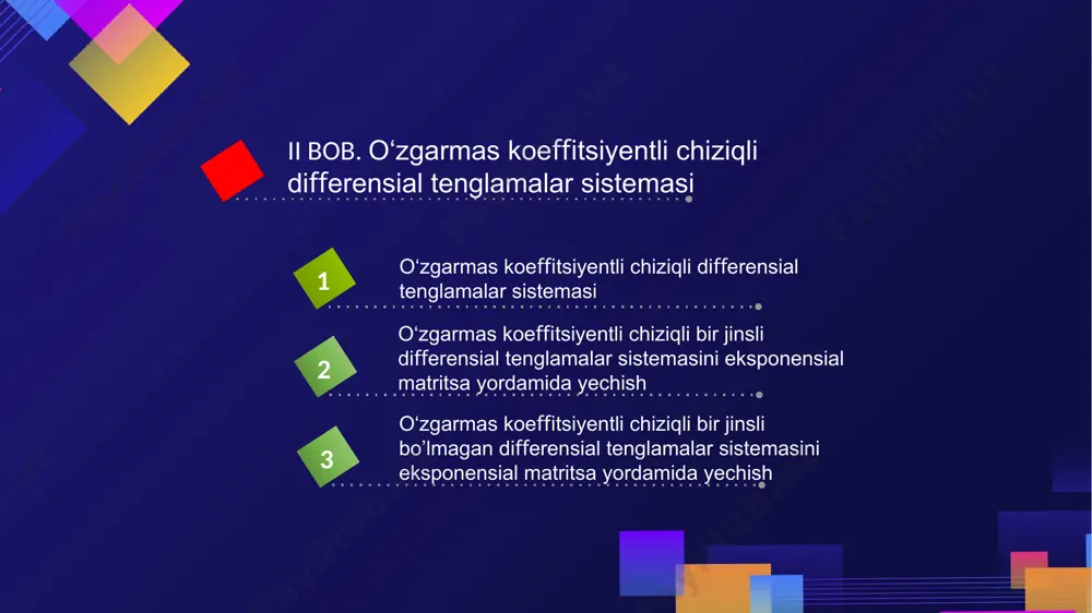 hda avval ga nisbatan hosila olib, keyin qiymat beriladi. agarda avval qiymat berilsa, noto’g’ri natijaga erishiladi. 1.3.6-misol. matritsa uchun ni hisoblang. yechish. matritsa bo’lganligi uchun va tenglik o’rinli. ning xos qiymatlari va . bu qiymatlarni 1.3.3-teoremaga qo’yamiz. tenglamalarni yechib quyidagicha natija olamiz: bu natijalarni ifodasiga olib borib qo’yamiz. putzerning spektral formulasi. putzer ni hisoblash uchun ma’lum bir usullarni ko’rsatib bergan. 1.3.4-teorema. kvadrat matritsa berilgan. faraz qilaylik, uning barcha xos qiymatlari larni bilamiz, u holda bu yerda va lar esa differensial sistemaning yechimlari: ushbu usulni qo‘llash natijasida, biz 2x2 o‘lchamdagi matritsaning eksponensial matritsasi uchun formulalarni xos sonlarini bilgan holda quyidagi shaklda topamiz: xos qiymatlar ko’rinishiga qarab formulani 3 ta bo’lishi mumkin bo’lgan holatlar uchun ko’rib chiqamiz. a) haqiqiy va turli bo’lsa: b) haqiqiy va karrali bo’lsa: ; c) kompleks bo’lsa: 1.3.8-misol. uchun ni toping. yechish. 1.3.9-misol. uchun ni toping. yechish. 1.3.10-misol. uchun ni hisoblang. putzerning spektral formulasidan foydalanib, matritsa uchun ni …