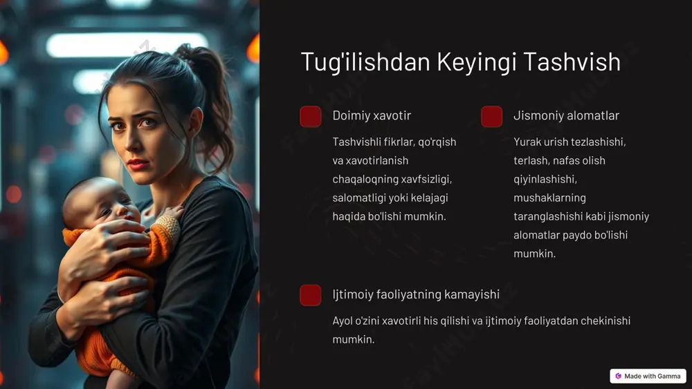 tlikka e'tibor berish juda muhim. tkd, tashvish, travma va boshqa ruhiy salomatlik muammolari keng tarqalgan. mutaxassisdan yordam so'rash, o'zini parvarish qilish va yaqinlarning qo'llab-quvvatlashi ayolning ruhiy salomatligini saqlashga yordam beradi. 10 image1.png image2.png image3.png image4.png image5.png image6.png image7.png image8.png image9.png image10.png image11.png image12.png image13.png image14.png image15.png image16.png image17.png image18.png image19.png