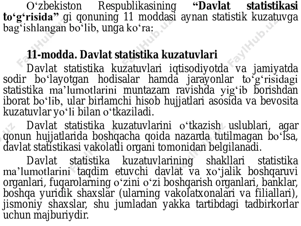 xо‘jalik boshqaruvi organlari tomonidan о‘z vakolatlari doirasida amalga oshirilishi mumkin. ijtimoiy hodisalar va jarayonlar haqidagi ma’lumotlarni rejali, ilmiy, uyushtirilgan asosda tо‘plash jarayoni statistik kuzatish deb ataladi. har qanday statistik tadqiqot uch bosqichni о‘z ichiga oladi: statistik kuzatish; kuzatish materiallarini svodkalash va guruxlash; kuzatilayotgan voqeani har tomonlama tavsiflovchi-umumlashtiruvchi kо‘rsatkichlarni hisoblash va ularni tahlil qilish. statistik kuzatishning dasturiy- metodologik masalalari kuzatish maqsadi va vazifalari kuzatish dasturi kuzatish obyekti kuzatish va hisob birligi kuzatish formulyari va yо‘riqnoma statistik kuzatishning tashkiliy masalalari kuzatish organi kuzatish vaqti va muddati kuzatish joyi kadrlarni tanlash va о‘qitish kuzatish varaqalarini kо‘paytirish va joylarga jо‘natish statistik kuzatish talablari: statistik kuzatish dalillarni bir-biri bilan о‘zaro bog‘lanishda va bir butunlikda qayd qilish lozim. binobarin, statistik ma’lumotlar tasodifiy bo’lib olingan, tо‘plam bilan bog‘lanmagan holda emas, balki tо‘la olingan bо‘lishi kerak. ma’lumotlar tо‘la-tо‘kis bо‘lishi uchun eng avvolo kuzatilayotgan tо‘plamdagi birliklar makon (mintaqa, hudud) chegarasida tо‘la hisobga olinishi kerak. bu yerda sо‘z faqat yoppasiga …