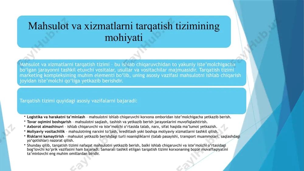 mkonini berishi mumkin (masalan, chakana do‘konlar tarmog‘i orqali). qisqa kanal esa shaxsiylashtirilgan xizmatlarni kuchaytiradi. kanal uzunligining samaradorlikka ta’siri 1 mahsulot turi tez buziladigan (meva, sabzavot, sut mahsulotlari) mahsulotlar uchun qisqa kanal samarali. uzoq muddat saqlanadigan yoki sanoat mahsulotlari uchun esa uzun kanallar qo‘llanilishi mumkin. 2 xizmatning o‘ziga xosligi ko‘p hollarda xizmatlar bevosita iste’molchiga yetkaziladi, shuning uchun qisqa kanal afzal. 3 bozor geografiyasi mahalliy va kichik hududlarda qisqa kanal, keng hudud yoki xalqaro bozorlarda esa uzun kanal maqsadga muvofiq. 4 iste’molchi talabi iste’molchilar tezkor yetkazib berishni xohlasa – qisqa kanal. qulaylik va keng tanlovni istasa – uzun kanal. mahsulot va xizmatlar tarqatish strategiyalarida kanal uzunligini tanlash mezonlari tarqatish kanalining uzunligi ko‘plab ichki va tashqi omillarga bog‘liq. asosiylarini quyidagicha ko‘rsatish mumkin: mahsulotning turi va xususiyatlari – tez buziladigan, tez yetkazilishi kerak bo‘lgan mahsulotlar uchun qisqa kanallar afzal. qimmatbaho, texnik murakkab mahsulotlarda esa vositachilar ko‘p bo‘lishi mumkin. bozor hajmi va xaridorlar soni – …