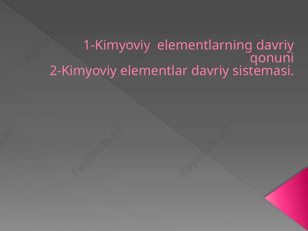 lda o'zining oktavalar qonunini kashf etdi. u elementlarni ularning atom og'irliklari ortib borish tartibida bir qatorga joylashtirganda, xar qaysi sakkizinchi element uz xossalari bilan birinchi elementga o'xshash bo'lishini kurdi.bu tartib muzika notasidagi gammalar kabi takrorlandi. nemis olimi lotar meyer 1864 yilda o’z sistemasini ishlab chiqdi. u 27 ta elementni valentliklariga qarab olti gruppaga bo'ldi. u o’z asarini "atom og'irliklarning son bilan ifodalanadigan qiymatlarida biror qonuniyat borligiga shubxa bo'lishi mumkin emas" degan ibora bilan tugatdi. meyer o'zining ikkinchi maqolasida (uning maqolasi mendeleyev maqolasidan keyin nashr qilingan edi) elementlarning solishtirma xajmlari davriy ravishda o’zgarishini (ya'ni bir necha elementdan keyin qaytarilishini) kashf etdi. bu kashfiyot katta axamiyatga ega bo'ldi,lekin davriy qonunni ta'riflash uchun yetarli emas edi. d.i.mendeleyevdan oldin olib borilgan ishlarning xech birida kimyoviy elementlar orasida o'zaro uzviy bog'lanish borligi topilmadi. xech kim elementlar orasidagi o'xshashlik va ayirmalar asosida kimyoning muxim qonunlaridan biri turganligini d.i.mendeleyevgacha kashf etolmadi. chuqur ilmiy bashorat va ilmiy izlanishlar …
