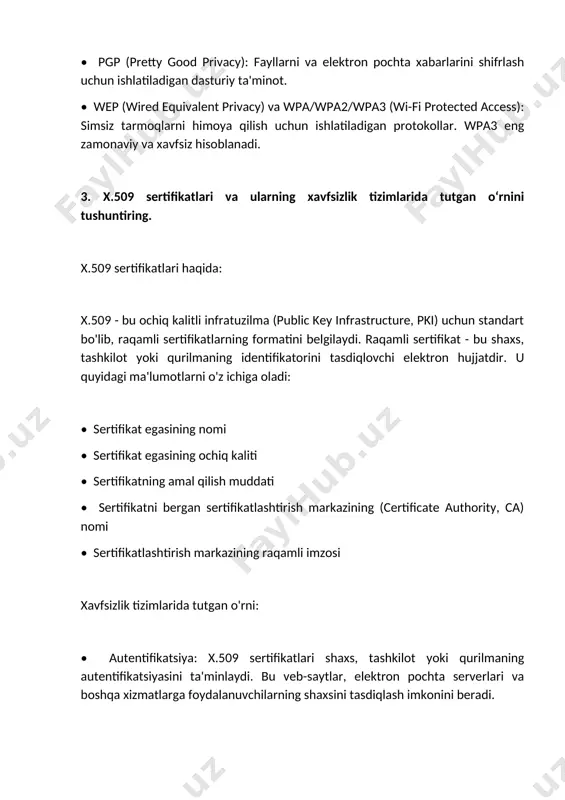 g'lash va eng yaxshi yo'lni aniqlash uchun ishlatiladi. u siyosatga asoslangan marshrutlashni qo'llab-quvvatlaydi. • ospf (open shortest path first): bu bitta avtonom tizim ichida marshrutlash ma'lumotlarini almashish uchun ishlatiladigan ichki shlyuz protokoli (interior gateway protocol). ospf eng qisqa yo'lni topish uchun dijkstra algoritmidan foydalanadi. u tezkor konvergentsiya, ko'p yo'llarni qo'llab-quvvatlash va xavfsizlikni ta'minlash kabi afzalliklarga ega. ospf "link-state" marshrutlash protokoliga misol bo'la oladi. • rip (routing information protocol): bu ham ichki shlyuz protokoli bo'lib, eng oddiy marshrutlash protokollaridan biri hisoblanadi. rip masofaga asoslangan marshrutlash protokolidir (distance-vector routing protocol) va marshrutni aniqlash uchun "hop count" (o'tishlar soni) dan foydalanadi. rip kichik va o'rta tarmoqlar uchun mos keladi, lekin katta tarmoqlarda sekin konvergentsiya va marshrutlash sikllari kabi muammolarga olib kelishi mumkin. farqi: • bgp - katta tarmoqlar, turli tashkilotlarga tegishli tarmoqlar orasida ishlatiladi. • ospf va rip - bitta tashkilotning ichki tarmog'ida ishlatiladi. ospf katta tarmoqlarga, rip kichik tarmoqlarga mos keladi. 2-topshiriq …