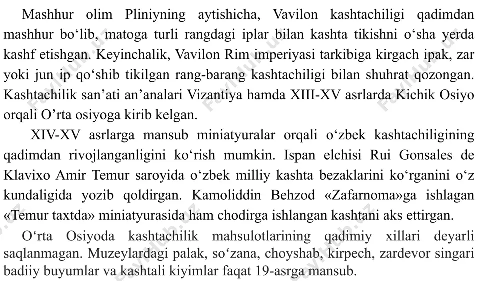 olingan eskizlar bo‘yicha o‘ziga xos mahsulotlar ishlab chiqarmoqda). shu bilan birga, zamonaviy kashtachilik rivojida ko‘proq badiiy maktablarning ilgarigi mahalliy xususiyatlari bilan emas, balki bozor omillari talablari bilan bog‘liq o‘ziga xos xususiyat vujudga keldi. bugungi kunda kashtalarni tayyorlash va sotish bo‘yicha ikki yo‘nalish, guruh mavjud. birinchi yo‘nalish eksportga, keng bozor ehtiyojiga yo‘naltirilgan bo‘lib, unda mualliflar tashabbusi kuchli ekani seziladi. ikkinchi yo‘nalish uncha katta bo‘lmagan hududda (qishloq, tuman) mahalliy xususiyatga ega bo‘lib, u xx asr ikkinchi yarmida vujudga keldi. bu yo‘nalish mahsulotlaridan mahalliy an‘analarda foydalaniladi. tashkil etilayotgan amaliy san‘at yarmarkalari, asosan xorijiy xaridorlar uchun mo‘ljallangan qo‘lda tikilgan zamonaviy kashtalarning 1-yo’nalishiga mansub “innovatsiya” modeli taqdim etilmoqda. bu guruh ustalarining mahsulotlarida, ma‘lum texnologik va badiiy xususiyatlariga qaramasdan, bir-biriga o’xshash jihatlar ko‘p. kashtachilik markazlarining ikkinchi guruhiga kashtachiligi qishloq yoki mahalliy tuman doirasidagi hududlar mansubdir. bunga surxondaryo viloyatining deyarli barcha tumanlari, shahrisabz-kitob hududlarini istisno qilgan holda, qashqadaryo viloyatining ko’pgina tumanlari, jizzax va sirdaryo viloyatining ayrim hududlarini …