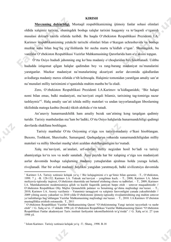 oritib berishdan iborat. shundan kelib chiqib quyidagilarni asosiy vazifa qilib olindi. - qashqadaryo vohasi aholisining milliy liboslarning o’rni tahlil qilish; - qashqadaryo vohasi aholisining liboslari uchun mato tanlash usullarining о‘ziga xos xususiyatlarini yoritib berish; - mato turlari va tayyorlashning an’anaviy usullarinin yoritib berish; - an’anaviy kiyim – kechaklar va ular bilan bog’liq urf- odatlarini tahlil qilish; bitiruv malakaviy ishining o’rganish darajasi: qashqadaryo vohasi milliy liboslardagi kashtado’zlikning o’rni tarixi qadimiydir. samarqand buxoro, xiva, termiz, toshkent, farg‘ona vodiysi va boshqa joylardagi milliy liboslarini, matolarning tayyorlanishi, mato tanlash usullari milliy hunarmandchilikning yuksak namunasidir. xorazm, buxoro, samarqand, toshkent, qashqadaryo va surxondaryo vohalarida hamda farg‘ona vodiysida milliy liboslar va matolar ancha taraqqiy etib, о‘ziga xos etnolokal xususiyatlariga ham egadir. voha hunarmandchiligida an’anaviy matolar va ulardan tikilgan milliy liboslar ulardagi kashtalar haqidagi ba’zi ma’lumotlar m.f. gavrilov, v.g. moshkova, k.shoniyozov, s.bulatov, a.s. urolov, a.hakimov kabi mualliflar asarlarida uchrasada, lekin hanuzgacha ilmiy tarzda tо‘laqonli o’rganilmagan.1 о‘zbek milliy kiyimlarida …