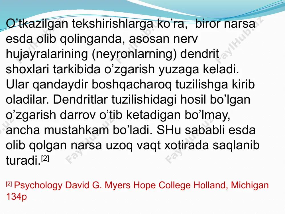 ga tushirishdir. ihtiyoriy esga tushirish-shahs o'z oliga biror bir maqsadni qo'yib, iroda kuchini sarflagan holda esga tushirishdir. esda saqlash deganda ilgari tug’ilgan taassurot, fikr, his-tuyg’u va ish-harakatlarning takrorlanishiga moyillik paydo qilishi va mustahkamlanishi tushuniladi reministsenciya hodisasi (hira esga keltirish)-unutilgan narsalarni yana hotirada qaytadan tiklanishi deyiladi esda olib ?olish va unutish tezligiga ko'ra hotiraning quyidagi tiplari mavjud: 4) sekin esda qoldirish, tez unutish. 3) sekin esda qoldirish, sekin unutish; 2) tez esda qoldirish, tez unutish; 1) tez esda qoldirish, sekin unutish; hotira tasavvurlari -ilgari idrok qilingan narsa va hodisalar obrazlarining ongimizda qaytadan gavdalanishiga aytiladi. hotiraning psihologik nazariyalari inson faolligi bilan bog’liq bo'lgan hotira jarayonlarini shakllantirishni tadqiq etadi va uning quyidagi turlari mavjud: birinchisi assotsiativ nazariyadir. ikkinchi psihologik nazariya hotiraning geshtalt nazariyasidir. uchinchisi biheviorizm nazariyasi – inson hotirasida, esda olib qolishda takrorlashning ahamiyatiga diqqatni qaratadi. to'rinchisi freydizm hotirani emotsiyalar, motivlar va ehtiyojlar bilan bog’laydi. beshinchisi mantiqiy nazariya a.bine va byullerlar tomonidan ilgari …