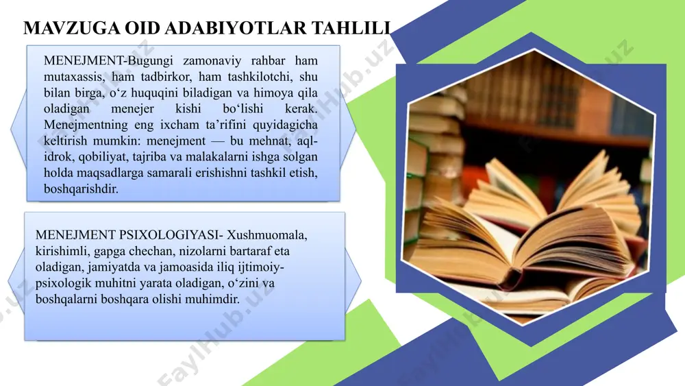 bariyat tomonidan 5-15 yil ish tajribasiga ega bo‘lgan ustozlar darsiga kirib, dars jarayonida erishilgan yangilik, yutuq va takliflarni berish direktor, direktor o‘rinbosarlari doimiy domiy o‘z ustida ishlovchi faol o‘qituvchilarga aylanadi. dars taqsimotidagi adolatsizlik o‘zbekiston respublikasi adliya vazirligi tomonidan 2020-yil 30-iyunda ro‘yxatdan o‘tkazilgan, ro‘yxat raqami 3271 direktor otibdo‘ avgust, dekabr o‘qituvchilarning faolligini oshiradi chora-tadbirlar rejasi foydalanilgan adabiyotlar o‘zbekiston respublikasi konstitutsiyasi 2023-yil 30-aprel menejment. n.m.ziyavitdinova, y.m.o‘rinov, sh.n. xayitov. toshkent-2012 yil. “tafakkur-bo‘stoni” menejment psixologiyasi. m.y.otajonov. toshkent-2003 yil. “ilm-ziyo” ta’lim to‘g‘risidagi qonun. https://lex.uz/docs/5013007 mehnat kodeksi. https://lex.uz/docs/6257288 e’tiboringiz va sabringiz uchun rahmat! menejerlik o‘quv kursi tinglovchisi: mamarasulov lochinbek erkinovich “eng yaxshi sarmoya – farzand bilim olishi uchun sarflangan sarmoya” image1.png image2.png image3.png image4.png image5.png image6.png image7.png image8.png image9.png image10.png image11.png image12.png image13.png image14.jpeg image15.jpeg image16.jpeg image17.png image18.png image19.svg image20.jpeg image21.png image22.png image23.jpeg image24.jpeg image25.png /docprops/thumbnail.jpeg