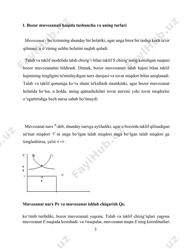 gar biz vaqt oralig‘ini qarasak, u holda qiymatlarni qabul qiladi. - narx trayektoriyasini yoki dinamik model trayektoriyasini beradi. bitta mahsulot uchun bozorning dinamik modelini qaraymiz. modelda talab chizig‘ini d va taklif chizig‘i s vaqt o‘zgarishi bilan o‘zgarmaydi deb faraz qilaylik. talab funksiyasi va taklif funksiyasi narx ga bog‘liq. bu yerda t - oraliqdagi narx, - oldingi p- oraliqdagi narx. talab funksiyasi: bu yerda - o‘zgarmas parametrlar. taklif funksiyasi: bu yerda - o‘zgarmas parametrlar. muvozanat narx quyidagi qaytariladigan bosqichlar bo‘yicha aniqlanadi: 1. talab va taklif chiziqlari grafigi chiziladi (gorizontal o‘q bo‘yicha narx p qo‘yiladi, vertikal o‘q bo‘yicha taklif va talab qilingan mahsulot miqdori q); 2. boshlang‘ich vaqt oralig‘i bo‘yicha taklif miqdori , boshlang‘ich narx ga ko‘ra aniqlanadi, (boshlang‘ich narx ) oldindan sotuvchi tomonidan beriladi; 3. oraliq uchun narx muvozanatlik shartidan aniqlanadi. narx ma'lum bo‘lgani uchun, yuqoridagi tenglikdan aniqlanadi; uchun aniqlanganidan keyin yuqoridagi ikkinchi va uchinchi bosqichlar takrorlanib, aniqlanadi va hokazo. hisob-kitoblarning …