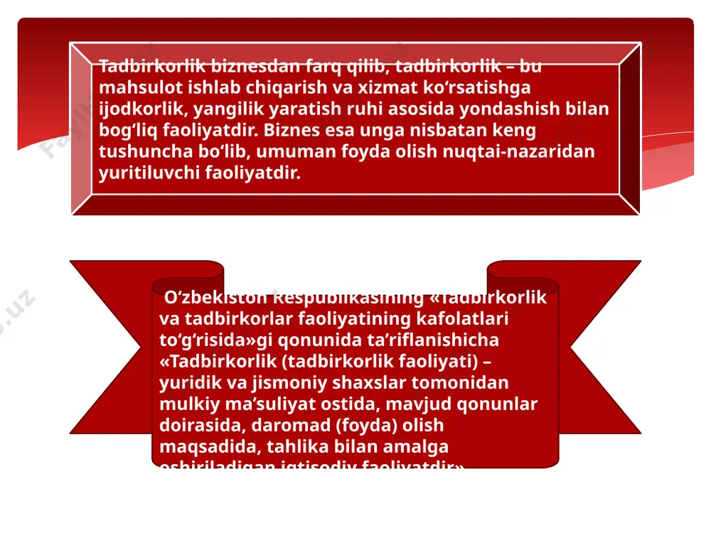 rativ mulkchilikka asoslangan tadbirkorlikning asosiy belgilari ;; ishlovchilarning ishlab chiqarish vositalari bilan bevosita qo‘shilishi (xususiy mulkchilikda bunday qo‘shilishda mulkdor, davlat mulkchiligida esa davlat vositachi hisoblanadi) kooperatsiya a’zolarining ishlab chiqarish vositalaridan keng foydalana olishi ularning iqtisodiy jihatdan teng huquqliligi; jamoaning o‘z-o‘zini boshqarishni amalga oshirishi; jamoa va shaxsiy manfaatlar uyg‘unligi yuzaga kelishi xususiy tadbirkorlik alohida shaxs yoki korxona tomonidan xususiy tashabbus asosida tashkil qilinadi. yakka tartibdagi tadbirkorlik shaxsiy mulkka asoslanadi, ishlab chiqarishni tashkil qilish o‘zi yoki oila a’zolari mehnati asosida amalga oshiriladi. aksiya – bu uning egasi hissadorlik jamiyati kapitaliga o‘zining ma’lum hissasini qo‘shganligiga va uning foydasidan dividend shaklida daromad olish huquqi borligiga guvohlik beruvchi qimmatli qog‘ozdir. dividend (lotincha dividendus - bo‘lishga tegishli) – aksiya egasiga to‘lanadigan daromad. dividend vositasida aksiya egasi qimmatli qog‘ozning shu turiga qo‘yilgan pul mablag‘lari (kapital) ning tegishli qismiga o‘zining mulkchilik huquqini iqtisodiy jihatdan ro‘yobga chiqaradi. ishbilarmonlik muhiti ko‘rsatkichlarining dinamikasi, rivojlanish istiqbollari va hozirgi holati korxonalarni o‘rganish ikki …