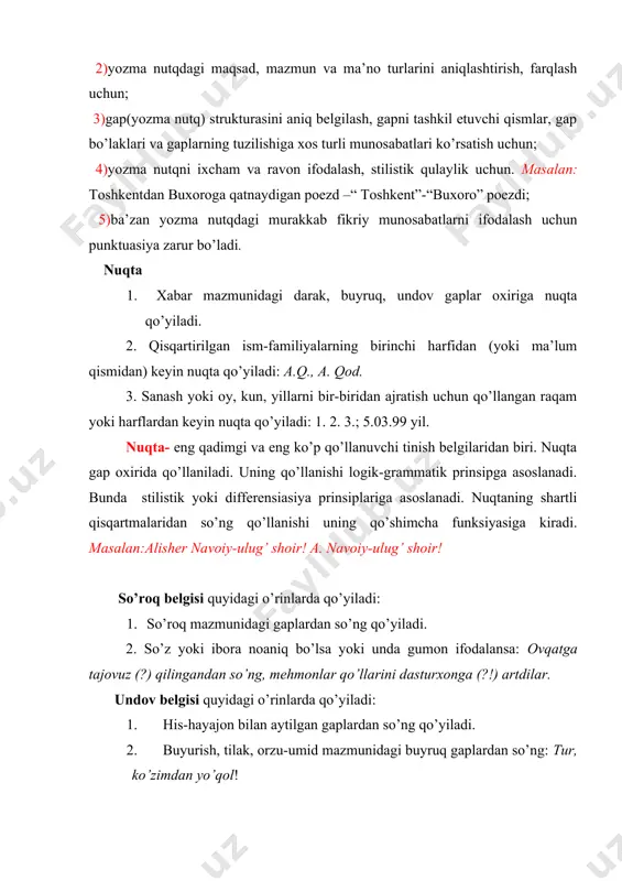 ish-istagini bildiradi: uydagi ishlarning hammasini o’zi qilsa, o’zi tartibga solib, o’zi bezasa... (a. m.) ko’p nuqta, undov va so’roq belgilari so’roq va his-hayajon birgalikda, yaxlit ifodalanganda, so’roq va undov gaplar tugallanmay qolganda birgalikda qo’llanadi. ko’p nuqta biror so’z yoki gapning tushirilganini ko’rsatish uchun ham qo’yiladi. vergul o’zbek yozuvida xx asrdan qo’llana boshladi vergul quyidagi o’rinlarda qo’yiladi: 1. uyushiq bo’laklar orasida: muhayyo, lazokat, xurshidalar shu erga kelishadi. 2. undalmalar vergul bilan ajratiladi: yaxshilik qil, bolam, yomonlikni ot (e. j.) 3. kirish so’z, kirish birikma va sodda tuzilishdagi kirish gaplar vergul bilan ajratiladi: albatta, maqsadga erishamiz. tabibning ta’biricha, tuzalmaydigan kasal yo’q. 4. ha va yo’q so’zlarini gap bo’laklaridan ajratish uchun qo’yiladi: -ha, ertaga shahar tashqarisiga chiqamiz. 5. undov so’zlarni ajratish uchun ham vergul qo’yiladi: ey, go’zal farg’ona, qadim maskanim! 6. ajratilgan bo’laklarni ayirishda vergul ishlatiladi: biz, o’quvchilar, intizomli bo’lishimiz kerak. 7. bog’langan qo’shma gaplarning ba’zilari, ergashgan qo’shma gaplar vergul bilan ajratiladi (va, …