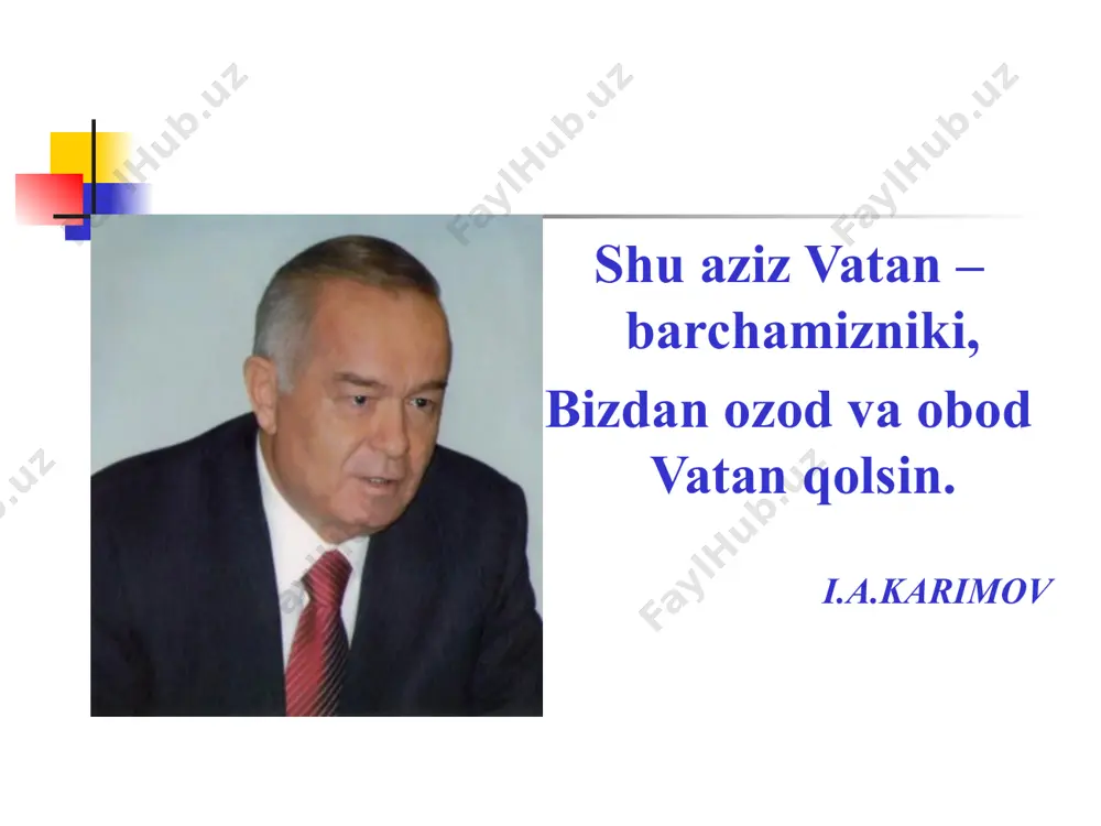 dlardan avlodlarga bebaho merosdir. ana shu merosimizni asraylik. ajdodlar merosi davlat ramzlari davlat ramzlari o`zbekiston respublikasining davlat madhiyasi serquyosh hur o`lkam, elga baxt, najot, sen o`zing do`stlarga yo`ldosh, mehribon! yashnagay to abad ilmu-fan, ijod, shuhrating porlasin toki bor jahon! naqorat: oltin bu vodiylar - jon o`zbekiston, ajdodlar mardona ruhi senga yor! ulug` xalq qudrati jo`sh urgan zamon, olamni mahliyo aylagan diyor! bag`ri keng o`zbekning o`chmas iymoni, erkin, yosh avlodlar senga zo`r qanot! istiqlol mash'ali, tinchlik posboni, haqsevar, ona yurt, mangu bo`l obod! naqorat: oltin bu vodiylar - jon o`zbekiston, ajdodlar mardona ruhi senga yor! ulug` xalq qudrati jo`sh urgan zamon, olamni mahliyo aylagan diyor! mustaqillikning nashidasi yurtimiz jahon bilan hamnafas yoshlar ijod saroyi yurtimiz marvaridlari yurtboshimiz g’amxo’rligi sport - tinchlik elchisi yutuqlarimiz 2016 yil –sog`lom ona va bola yili biz dunyo go’zalligini, hayot falsafasini, va ma’no- mazmunini, avvalambor, ayol siymosida, uning fidoyi qalb, vafo va sadoqatida ko’ramiz, his etamiz. ...faqat …