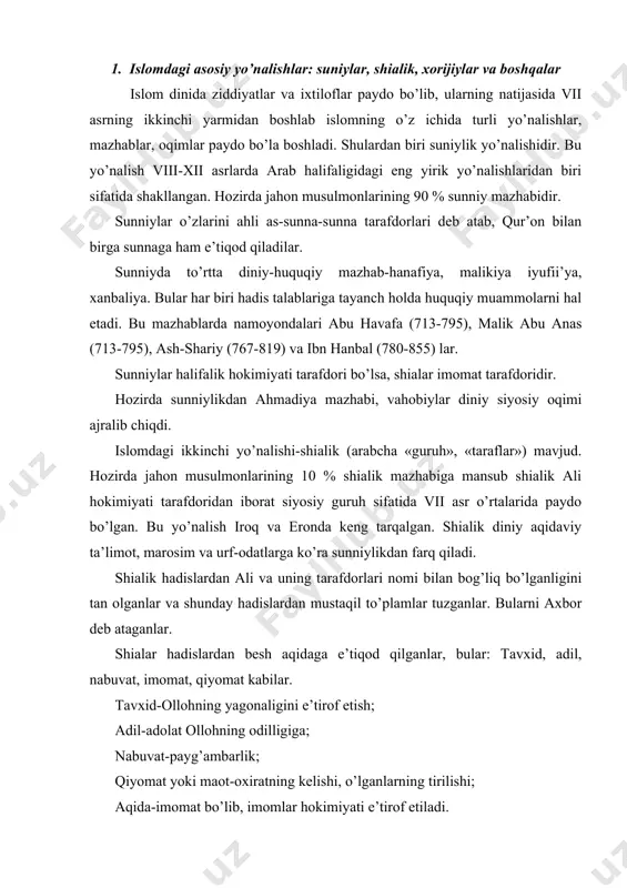 etish; adil-adolat ollohning odilligiga; nabuvat-payg’ambarlik; qiyomat yoki maot-oxiratning kelishi, o’lganlarning tirilishi; aqida-imomat bo’lib, imomlar hokimiyati e’tirof etiladi. shialik ali va uning avlodlaridan iborat o’n ikki imom hokimiyatini tan oldi. shialik shariatida ja’fariya mazhabi hukmrondir. ular imom husaynga motam tutib «shaxsey-vaxsey» motam yurishi o’tkazadilar. islomdagi xorijiylar yo’nalishi halifa ali va ummaviylar o’rtasidagi kurash jarayonida vujudga keldi. xorijiylar fikricha halifa diniy jamoa tomonidan saylanadi. xorijiylar haqiqiy dinni qayta tiklash tarafdorlari, oddiy xalq orzu-umidlarini ifodalagan ilk islom ideallari uchun kurashuvchilar sifatida maydonga chiqib, adolatli davlatni qayta tiklashni maqsad qilib qo’yganlar. 2- masala. so’fiylik ta’limotida komil insonni tarbiyalash g’oyasi so’fiylik ta’limoti viii asr oxiri ix asr boshlarida va o’rta osiyoda keng tarqaldi. so’fiylik butun sharq ma’naviy hayotida komil inson haqidagi g’oyalarning shakllanishida muhim rol o’ynadi. mazkur oqim vii-viii asrda arab mamlakatlarida, movaraunnahrda keng yoyildi. so’fiylik nazariyasiga ko’ra, dunyo-butun olam xudoning mujassamlanishi, xudo barcha ko’rinadigan narsalarda mavjud. dunyo-dunyoviy ruh shaklida butun olamga tarqalgan xudo singari …